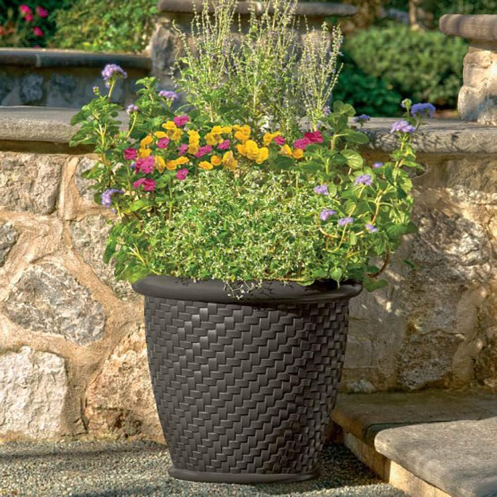 Contemporary Herringbone Resin Wicker Planter, Dark Brown, 18"