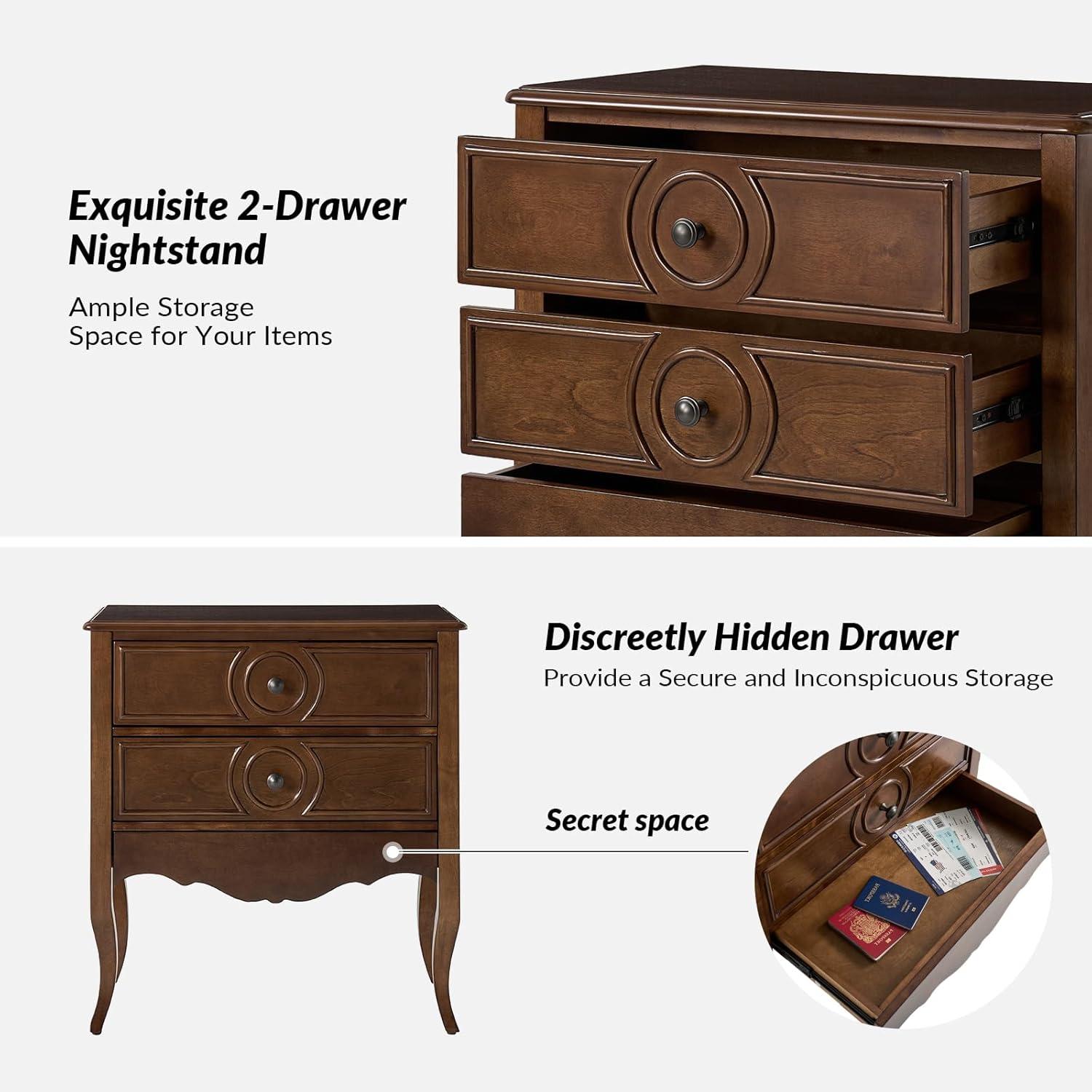 Walnut 3-Drawer Nightstand with Hidden Drawer and Charging Station