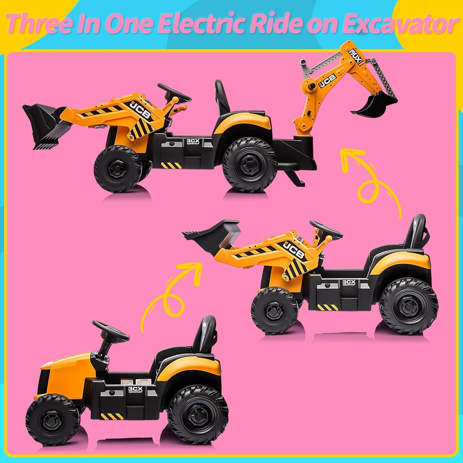 24V JCB Ride on Excavator Toy, 3 in 1 Ride on Tractor Truck with Remote Control, Battery Powered Ride on Bulldozer Kids Electric Vehicles with Front Loader Bulldozer, Digger, Adjustable Seat, Yellow