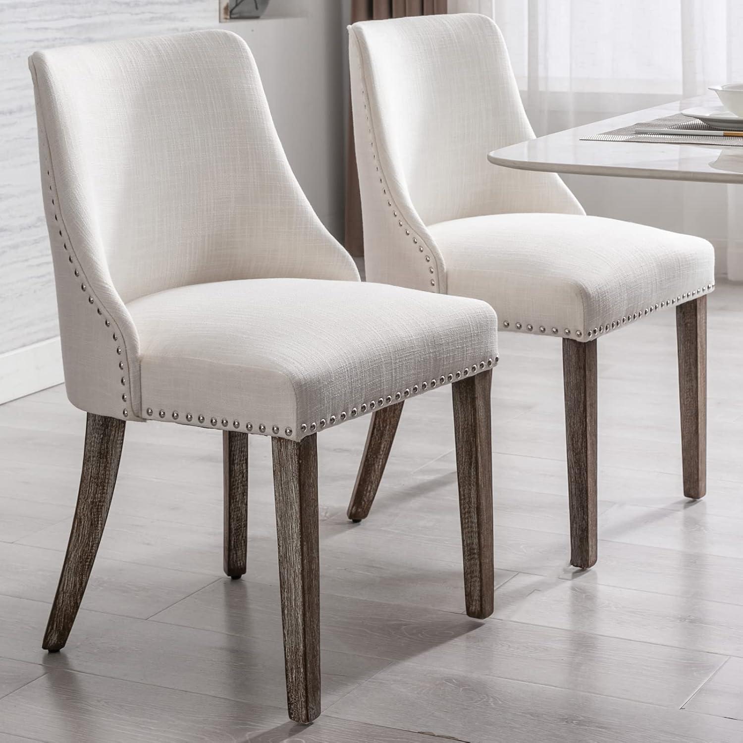 Guyou Dining Chairs Set of 2, Mid Century Modern Linen Upholstered Farmhouse Side Chairs with Nailhead and High Back for Kitchen Restaurant, Grey