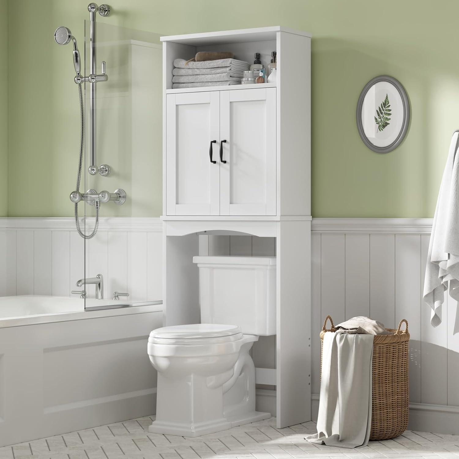 White Adjustable Over-the-Toilet Storage Cabinet with Glass Doors