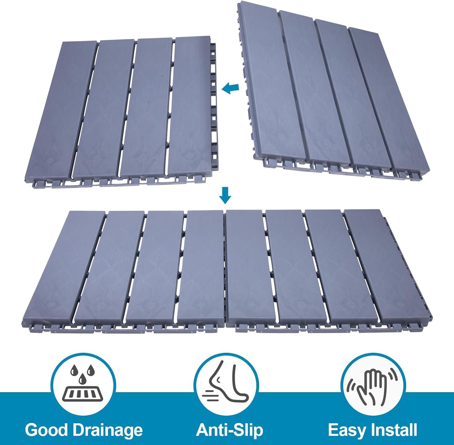 Spurtar Plastic Interlocking Deck Tiles 9 Pack (11.3"x11.3"), Decking Tiles Outdoor Waterproof for All Weather Use - Suitable for Patio Garden Poolside Front/Back Yard Porch Pool Balcony Backyard Grey