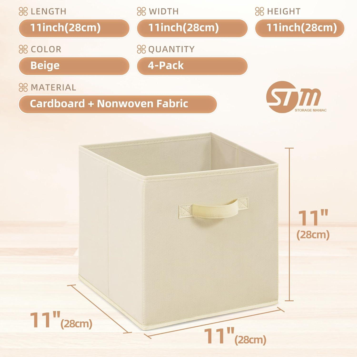 STORAGE MANIAC Storage Cubes, 11 Inch Collapsible Storage Bins with Handles, 4 Pack Fabric Foldable Bins for Organization, Durable Storage Bins for Closet, Shelves, Offices, Toys, 4-Pack Beige