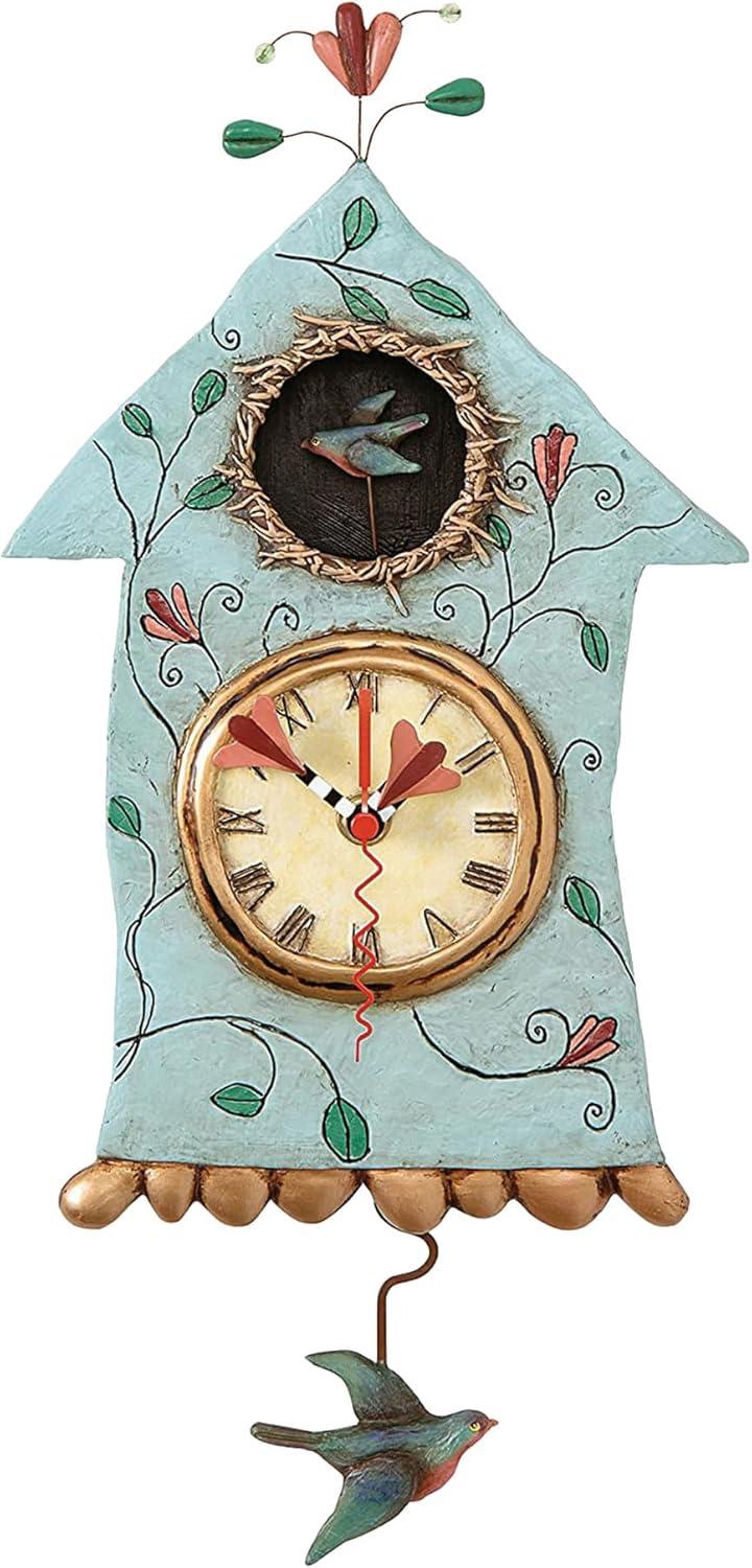 Enesco Allen Designs Birdhouse with Flowers Cuckoo Wall Clock - Battery Operated Pendulum Analog Clock, Stone Resin Decorative Clocks for Walls Home Decor Kitchen Clocks, 14.9 Inch