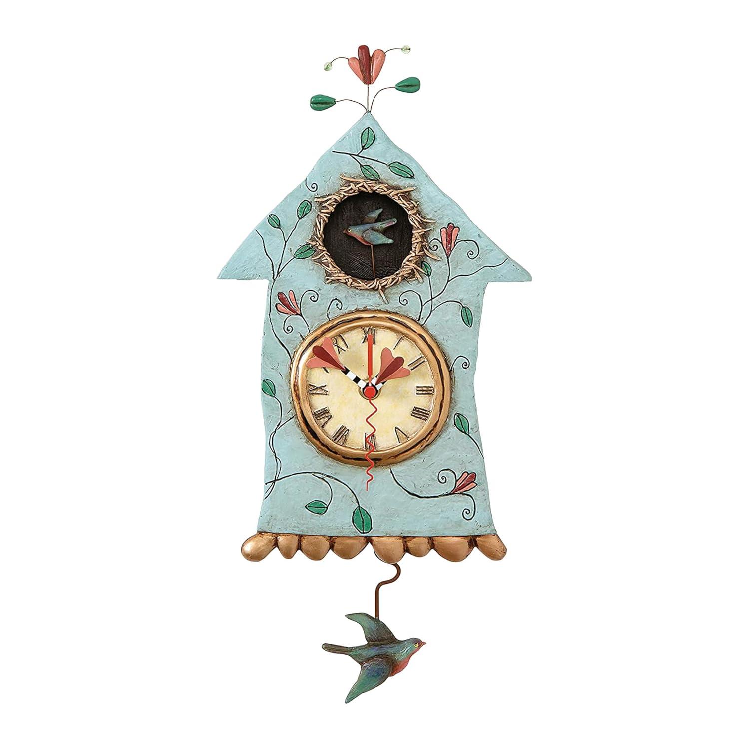 Enesco Allen Designs Birdhouse with Flowers Cuckoo Wall Clock - Battery Operated Pendulum Analog Clock, Stone Resin Decorative Clocks for Walls Home Decor Kitchen Clocks, 14.9 Inch