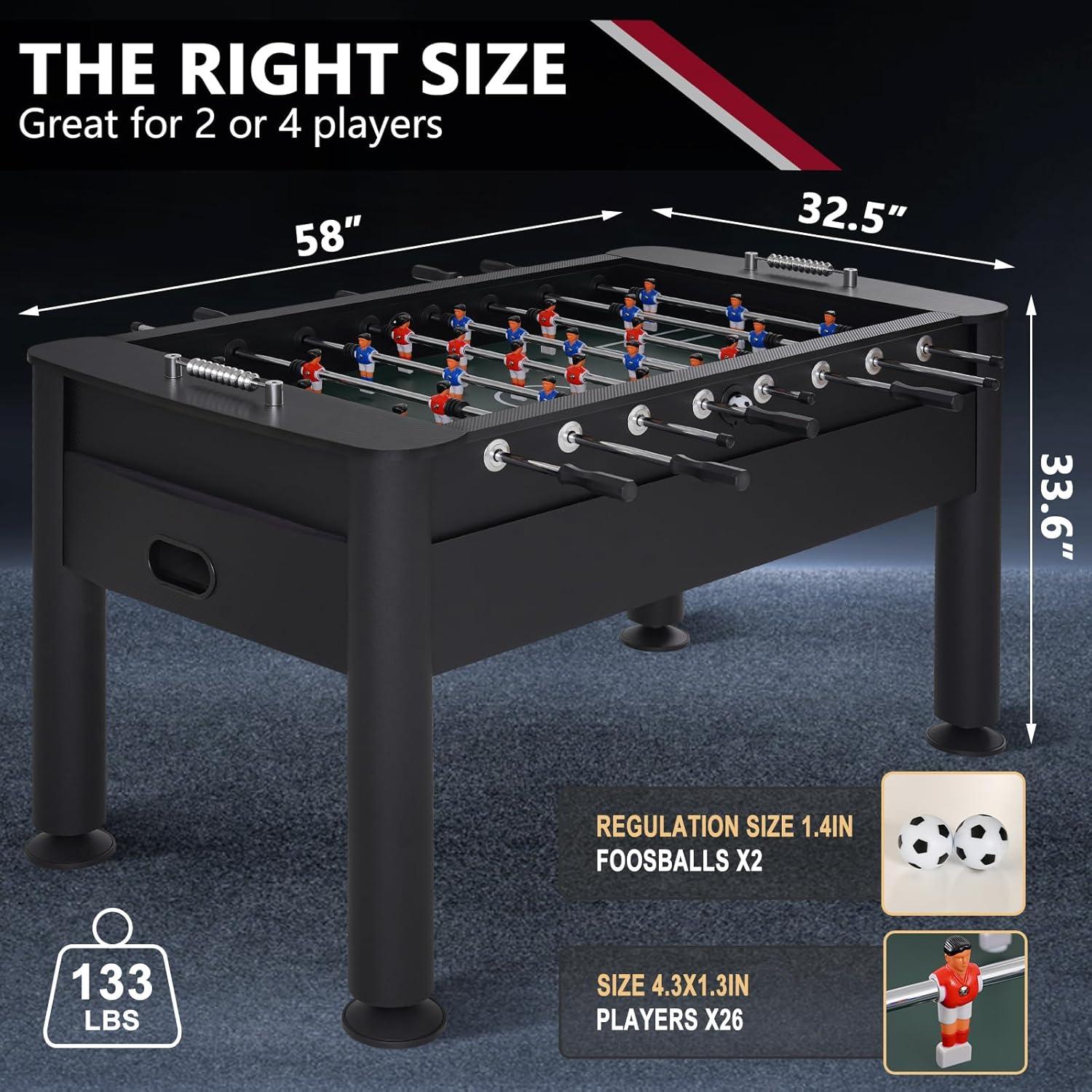 58 Inch Foosball Table, Full Size Competition Soccer Game Table for Adults & Kids, Heavy-Duty Indoor Arcade Table for Game Rooms & Parties