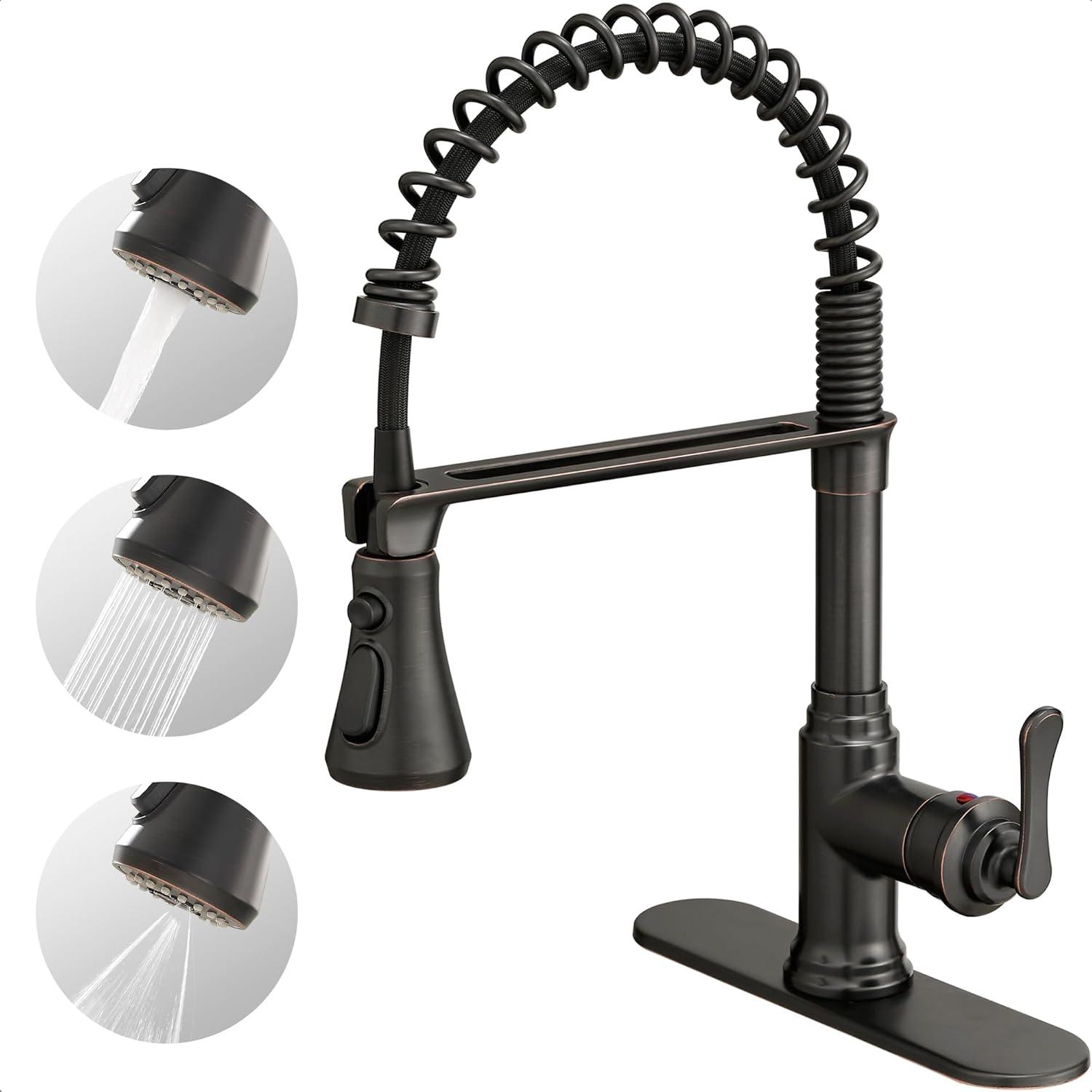FORIOUS Rustic Kitchen Faucet with Pull Down Sprayer Oil Rubbed Brown, 3 Modes Stainless Steel High Arc Vintage Spring Sink Faucet 1 or 3 Holes for Pot Filler, Farmhouse Camper Wet Bar
