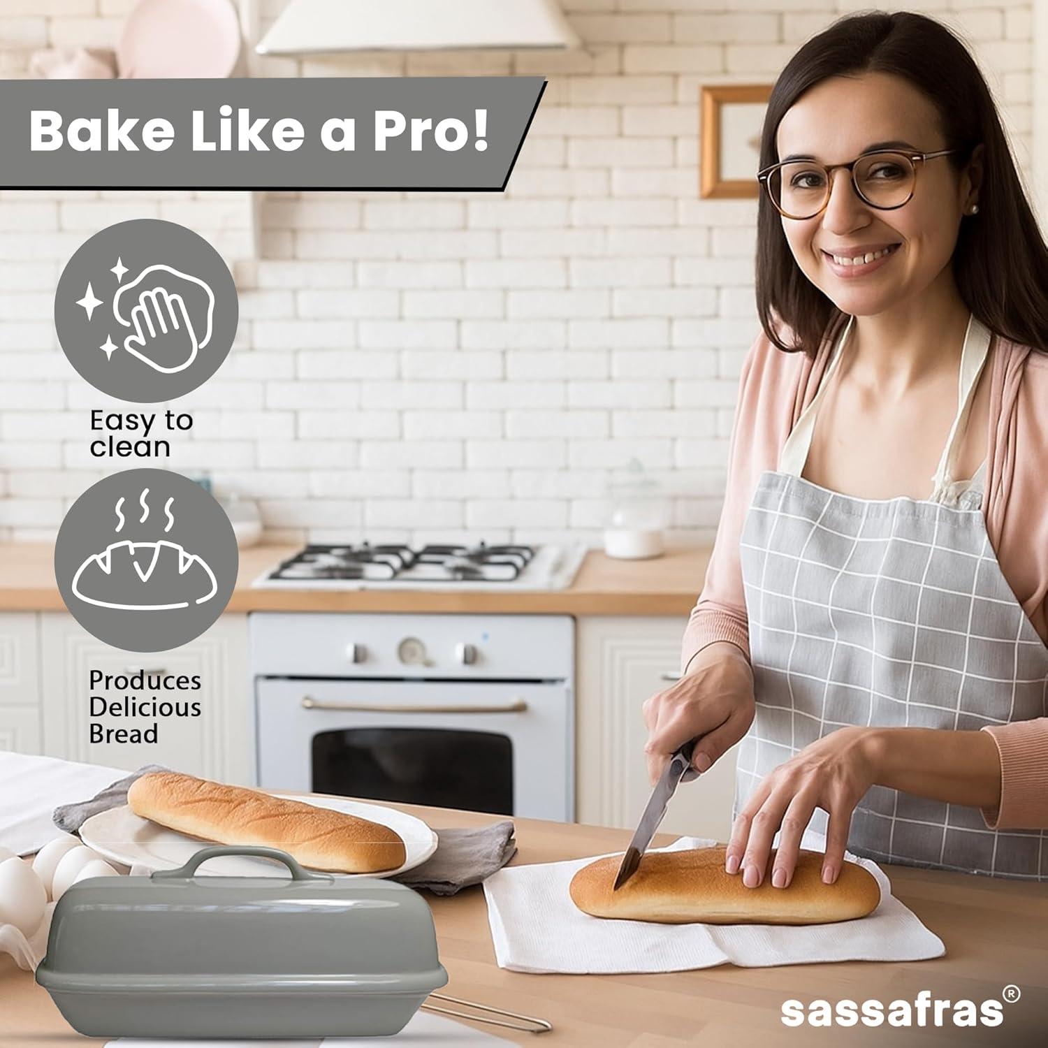 Sassafras Superstone® Covered Bread Baker with Lid - Bisque Glazed Exterior and Unglazed Interior Stoneware Bakeware - Bakes an Artisan Italian Bread with Crusty Crust and a Light Crumb
