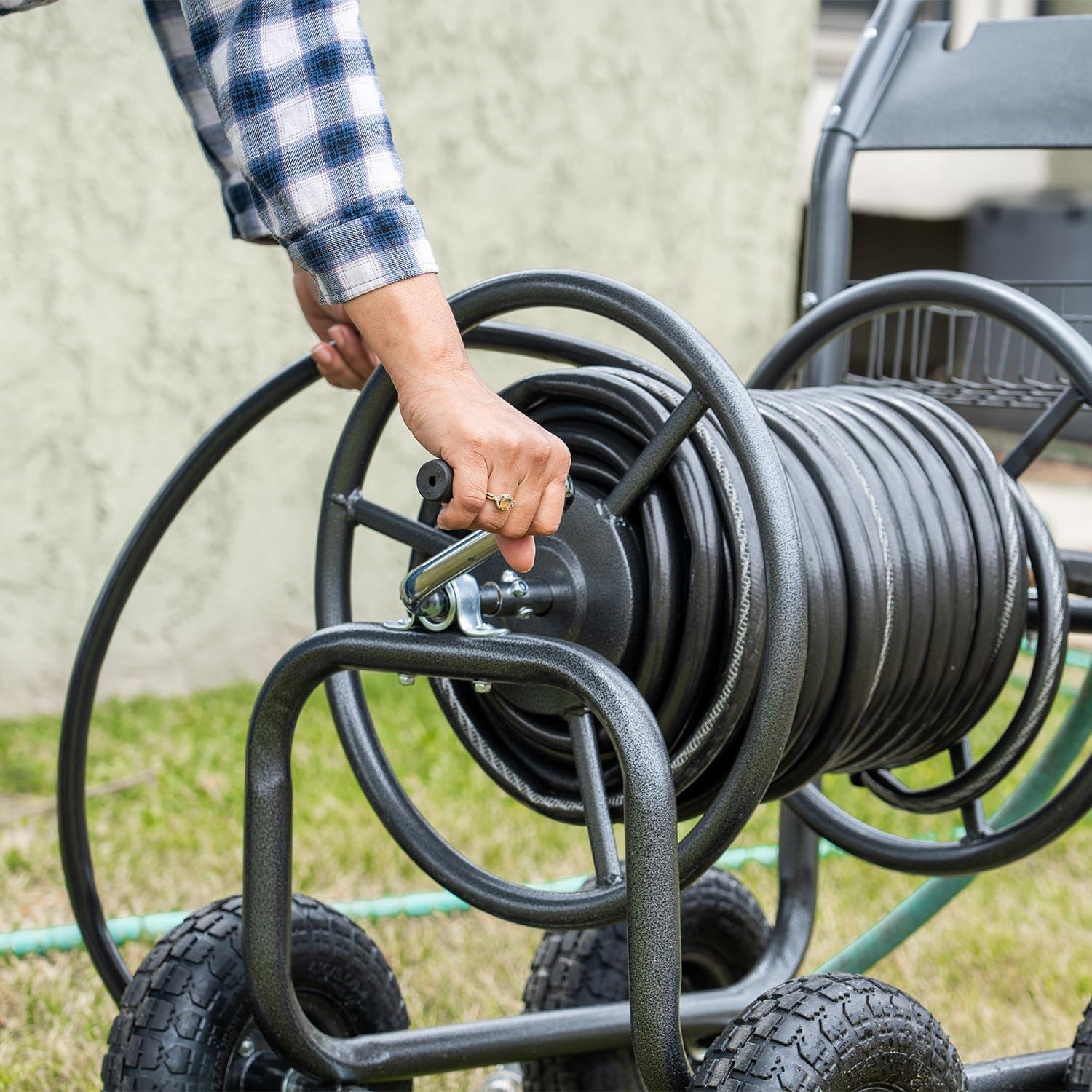 Heavy Duty Black Metal Garden Hose Reel Cart with Pneumatic Wheels