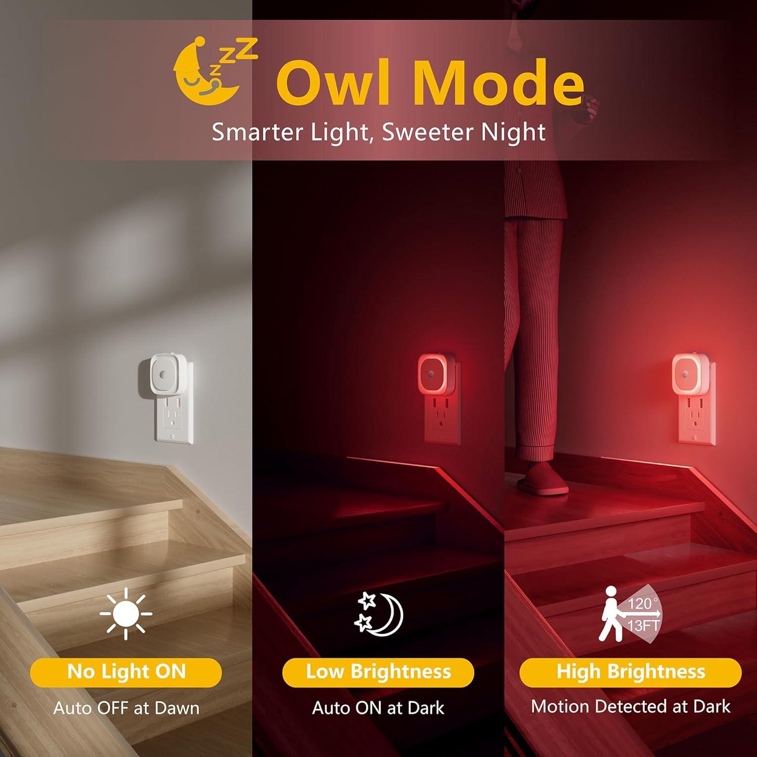 2 Pack Plug in Night Light with Motion Sensor & Dusk to Dawn Sensor, 3 Sensor Modes, Red Night Lights Plug into Wall, Dimmable Nightlight for Bedroom, Bathroom, Indoor, Gifts for Adults, Kids