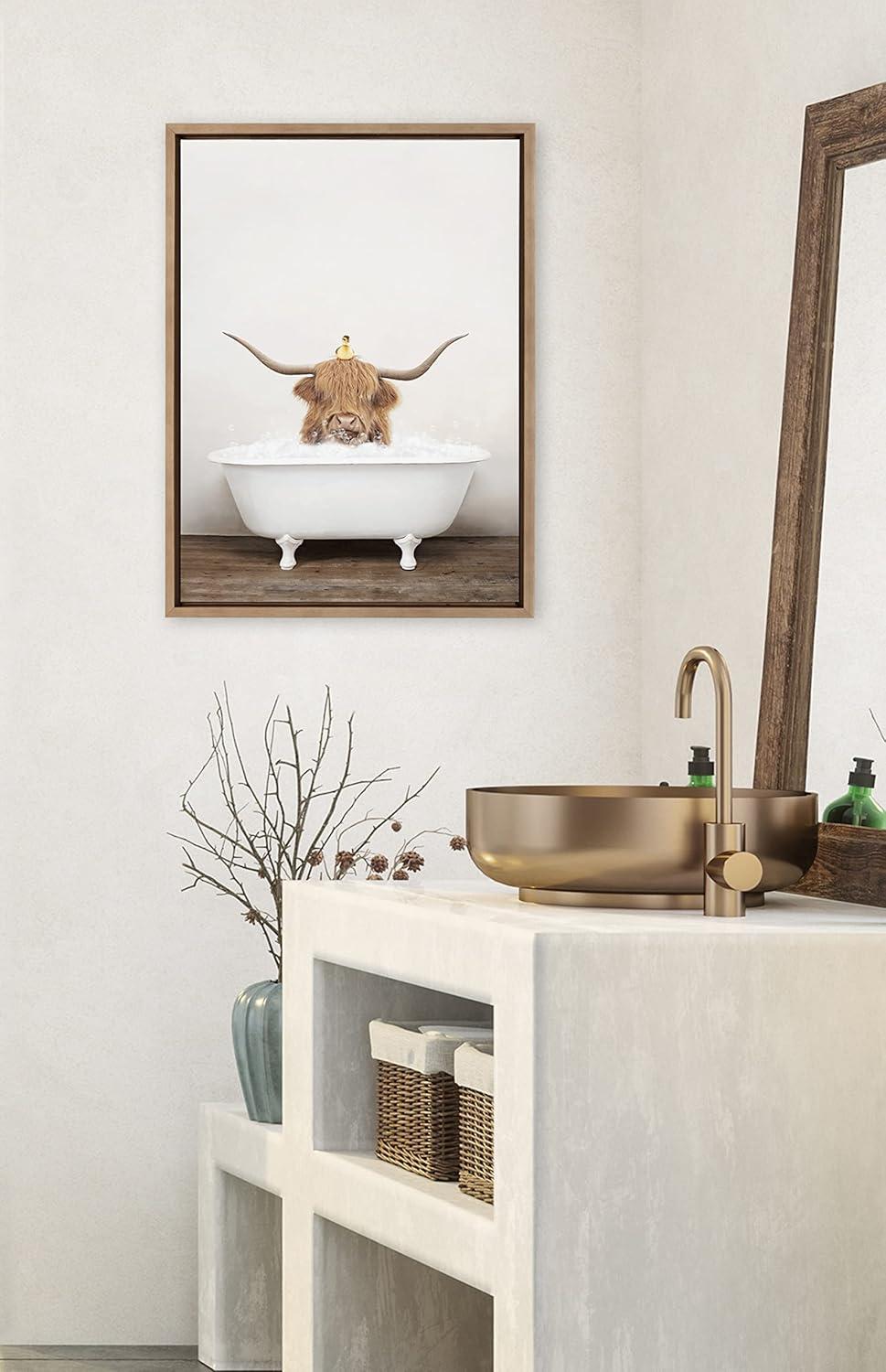 Kate and Laurel Sylvie Highland Cow and Duckling in Rustic Bath Framed Canvas by Amy Peterson Art Studio, 18x24, Gold