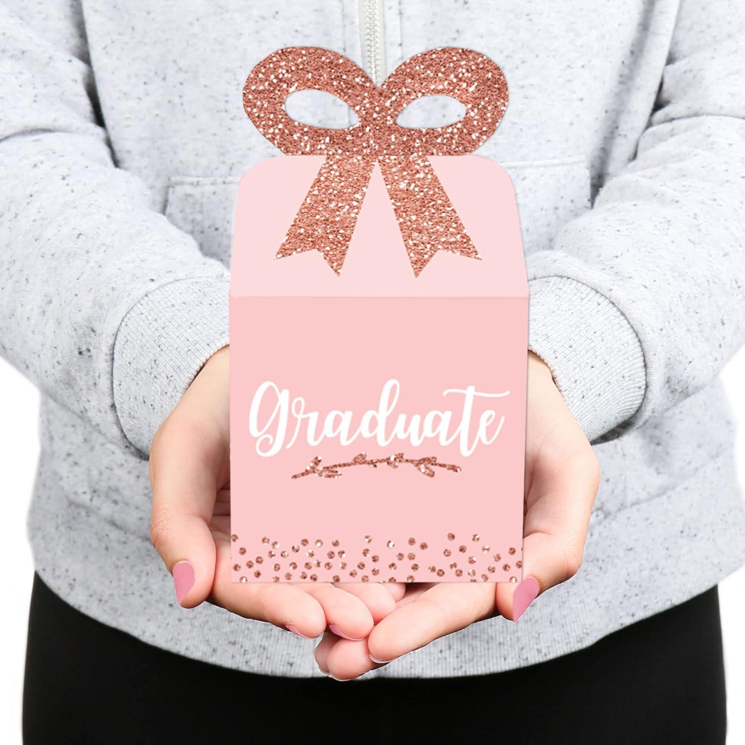 Big Dot of Happiness Rose Gold Grad - Square Favor Gift Boxes -  Graduation Party Bow Boxes - Set of 12