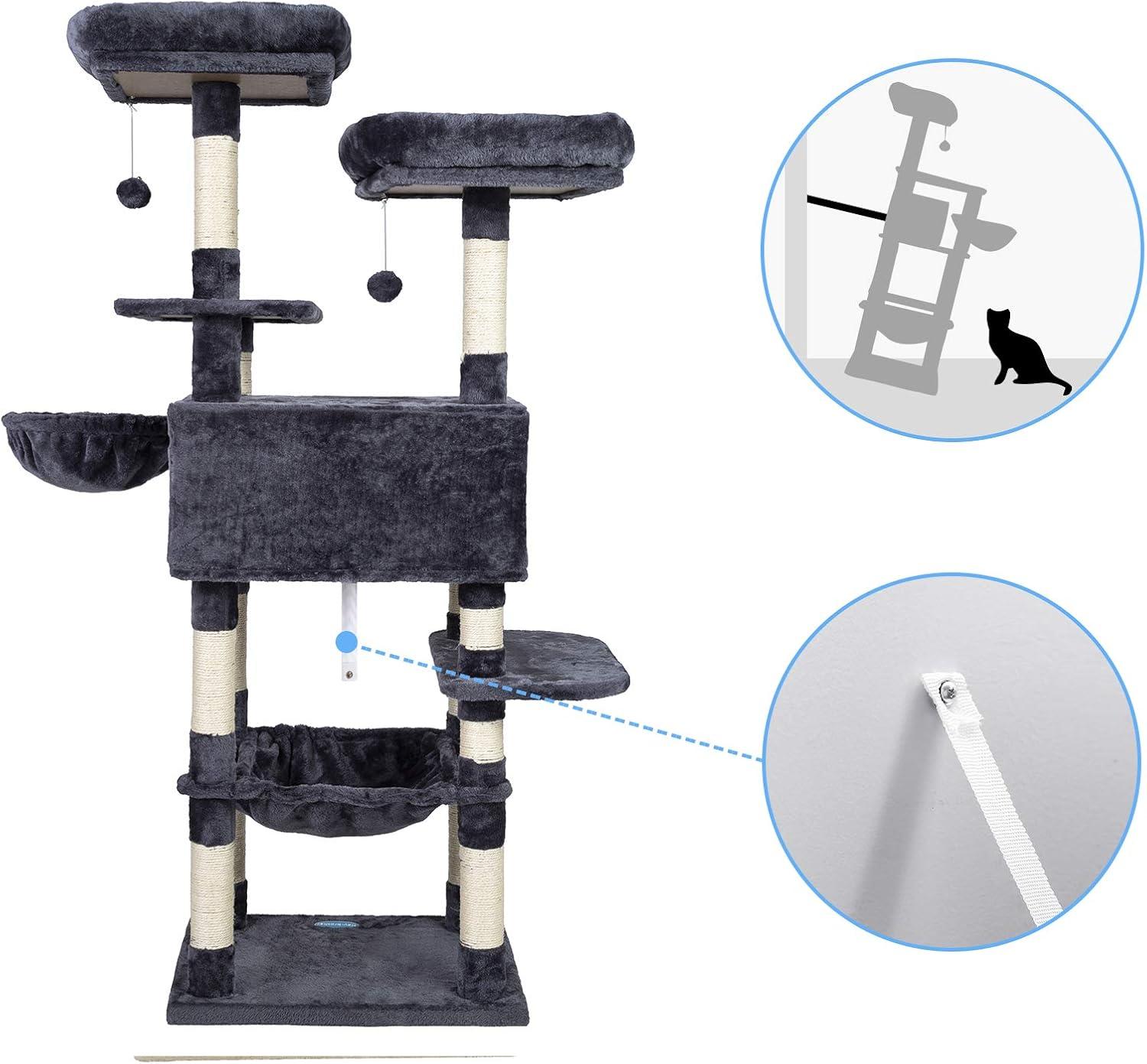 Hey-brother Cat Tree for Large Cats, Cat Tower with Scratching Posts, 2 Padded Plush Perches, Big Condo and Cozy Basket, Smoky Gray MPJ025G