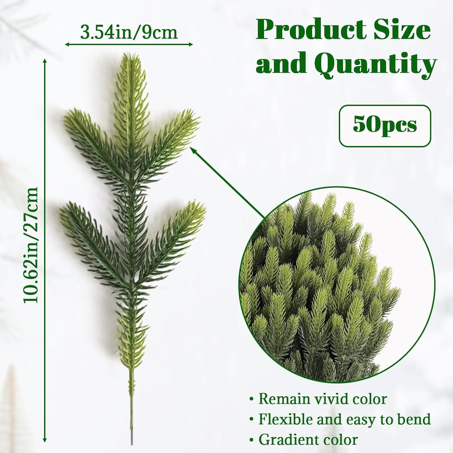 50 Pcs Artificial Pine Branches Christmas Pine Needles Green Plants Fake Greenery Pine Picks Christmas Decorations for DIY Garland Wreath Xmas Embellishing and Home Garden Decoration