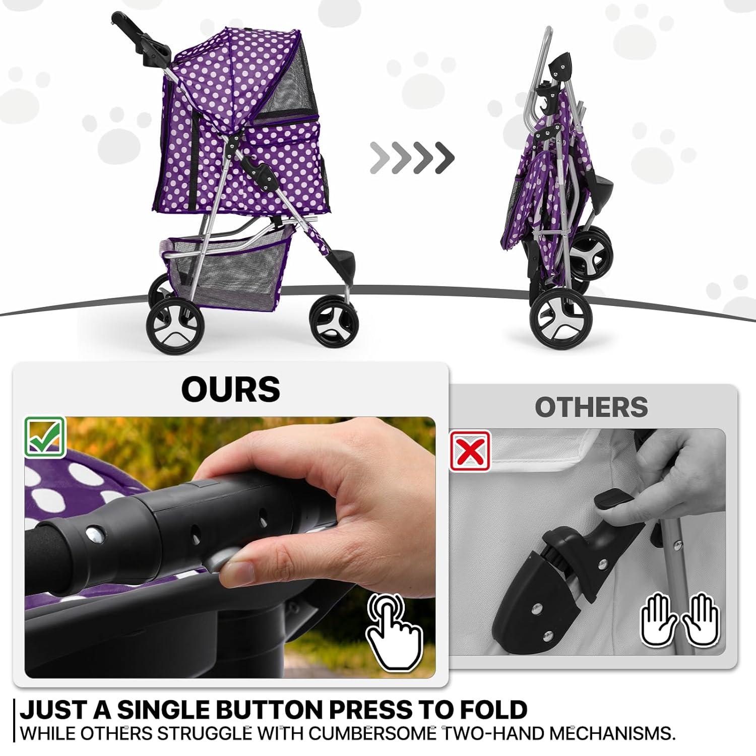 MoNiBloom 3 Wheel Folding Pet Dog Stroller, Foldable Lightweight Trolley with Storage Basket, Cup Holder and 360° Rotating Front Wheel for Small Medium Dogs, Purple with White Polka Dots