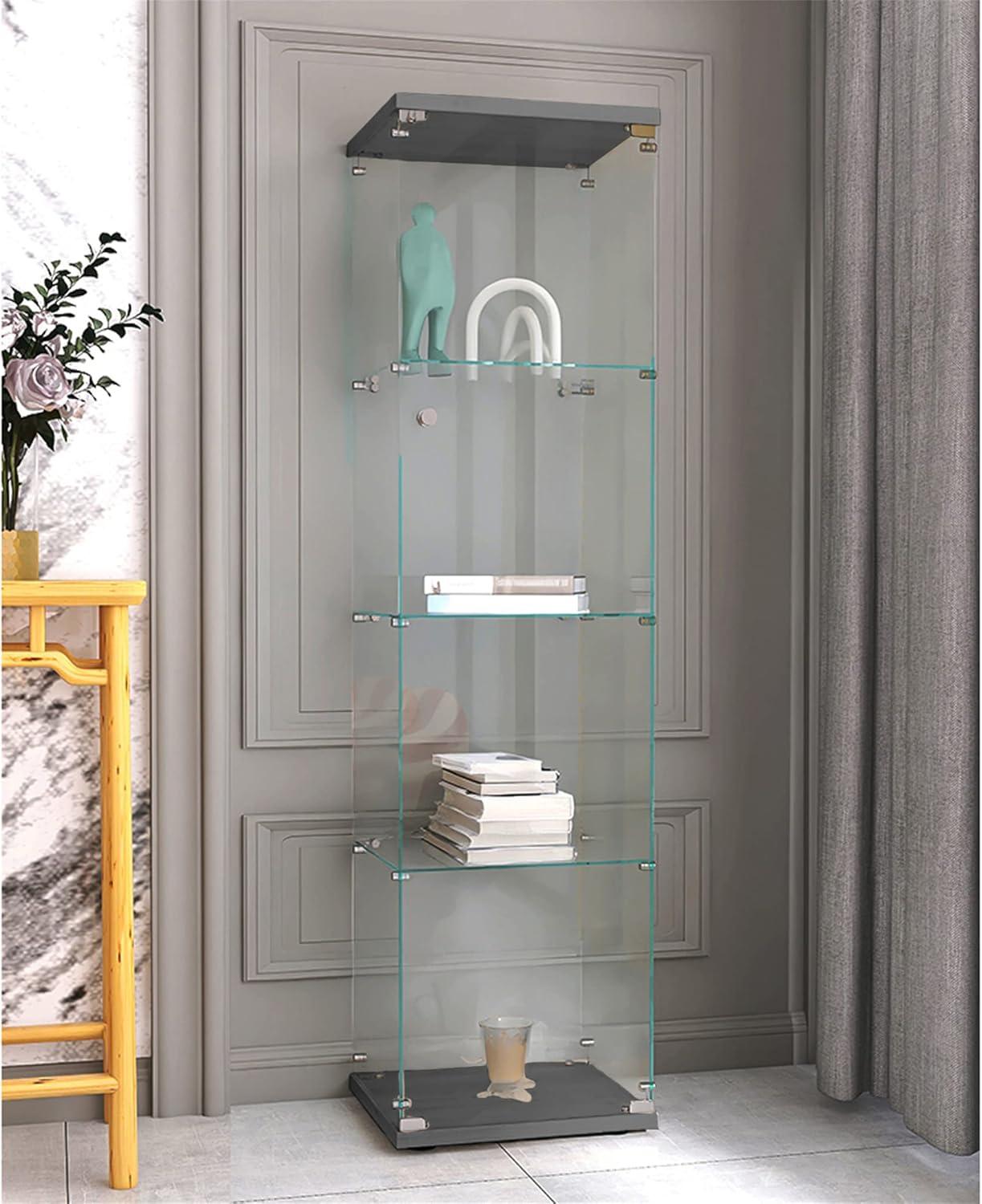 Glass Display Cabinet with LED Light,4 Tier Shelf Glass-Door Cabinet in Clear,Floor Standing Curio Cabinets Collection Display Case Glass Bookshelf