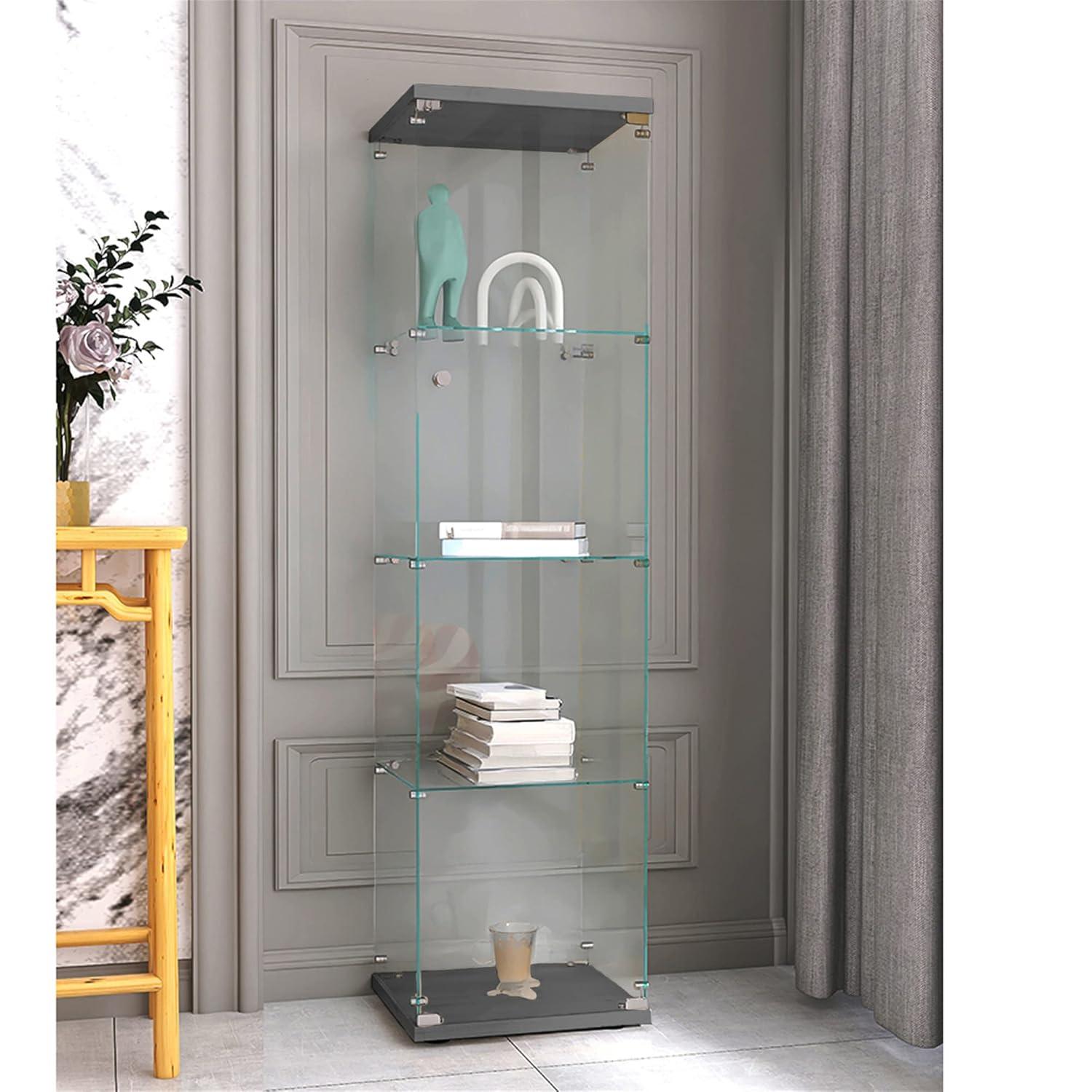Glass Display Cabinet with LED Light,4 Tier Shelf Glass-Door Cabinet in Clear,Floor Standing Curio Cabinets Collection Display Case Glass Bookshelf