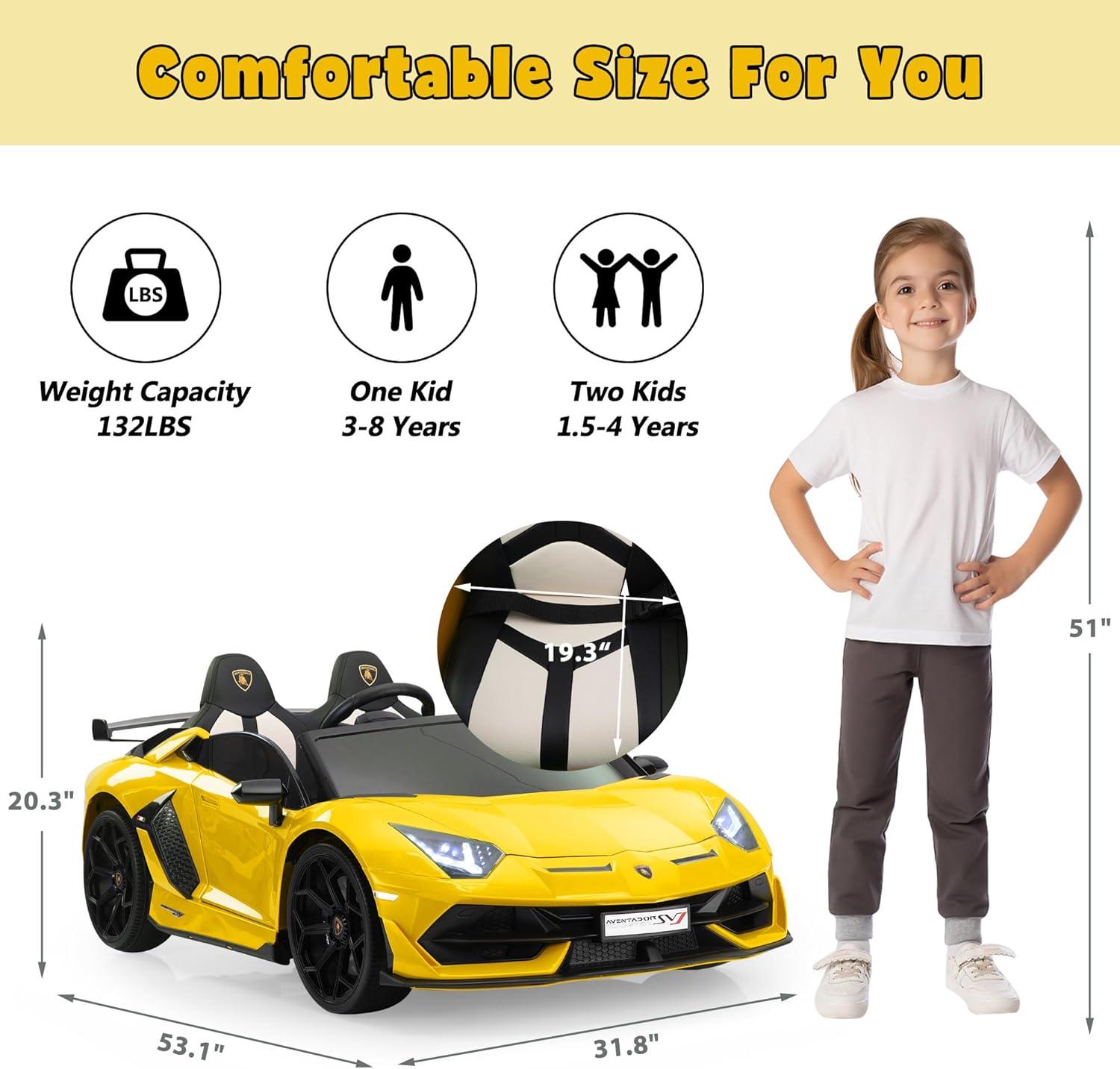 Tobbi 24V Lamborghini 2-seater Battery Powered Ride on with High/Low speed switch, Slow start function, Battery level display, MP3, USB, Light Drift Car for Kids 3-8