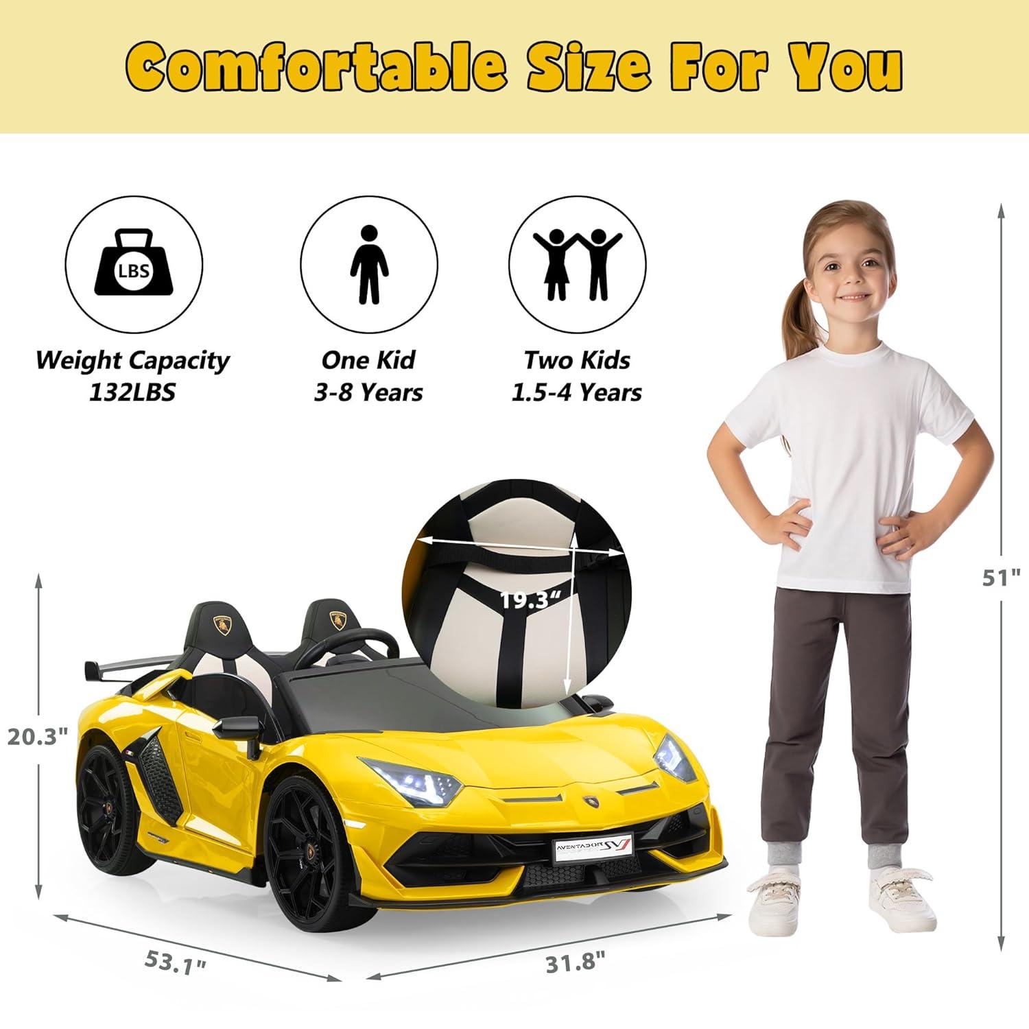 Tobbi 24V Lamborghini 2-seater Battery Powered Ride on with High/Low speed switch, Slow start function, Battery level display, MP3, USB, Light Drift Car for Kids 3-8