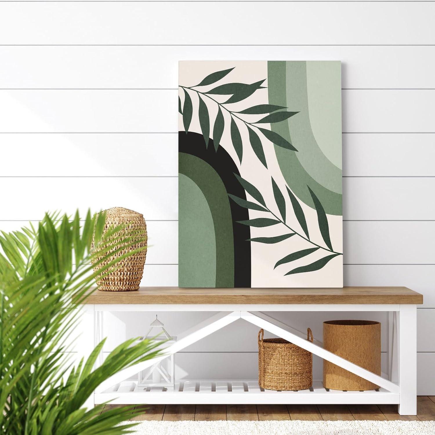 Framed Boho Wall Art, Abstract Sage Green Wall Decor Palm Leaf Sun Moon Line Green Canvas Painting, Minimalist Geometric Boho Room Decor, Sage Green Wall Posters & Prints for Living Room,