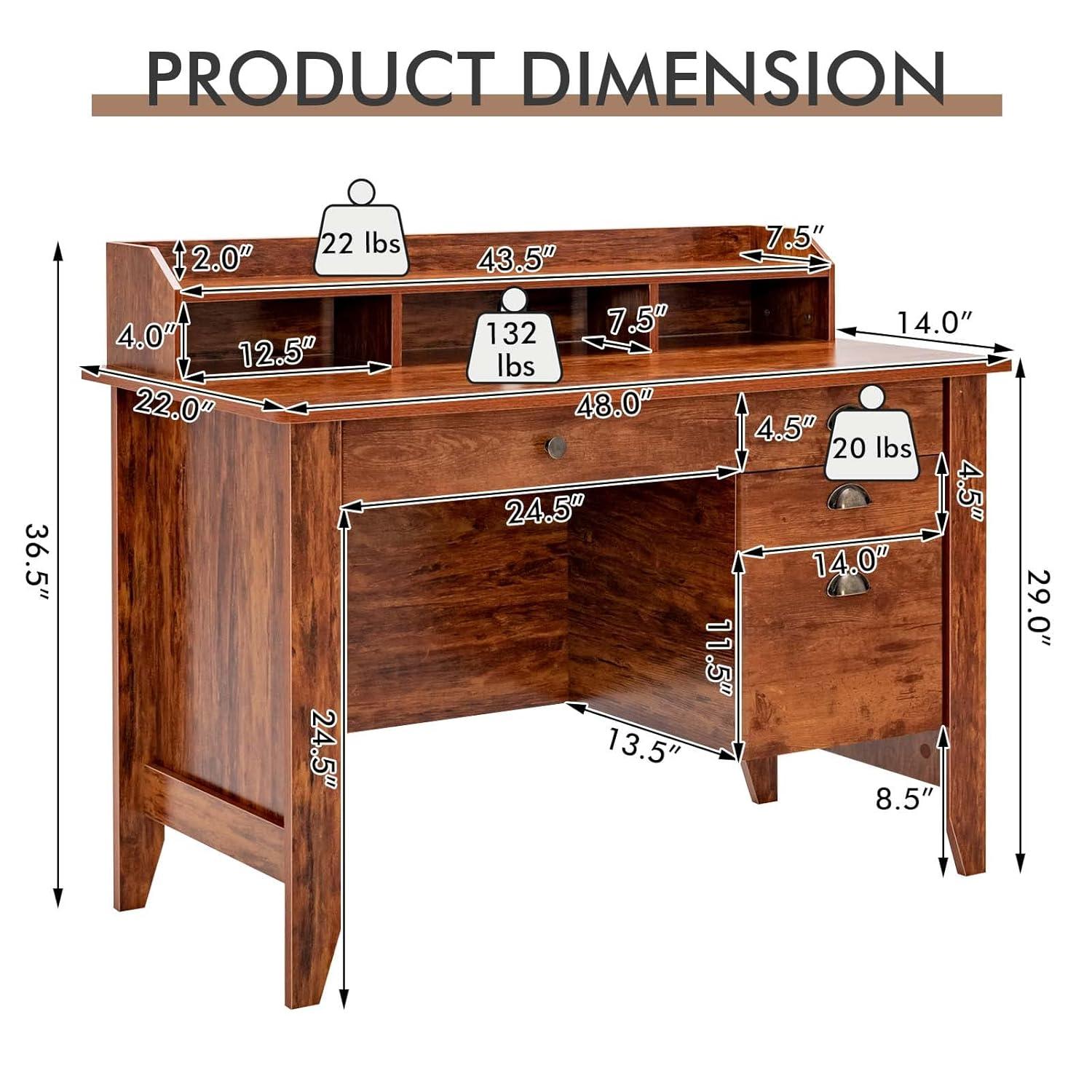 GVN Vintage Computer Desk with Storage Shelves and 4 Drawers-Rustic Brown, Desk for Bedroom, Gaming Computer Desks for Study,Working,Writing