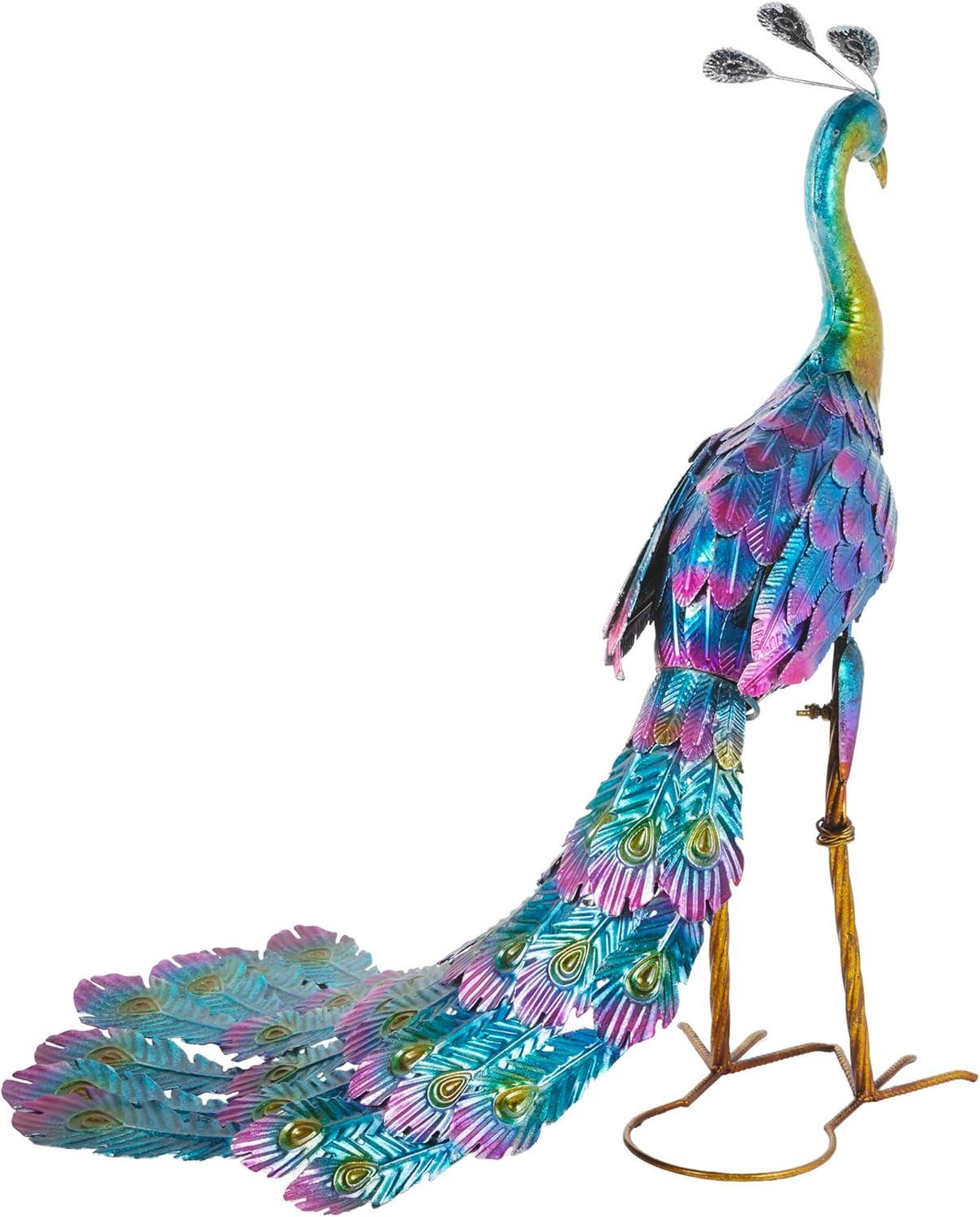 28" Metal Peacock Outdoor Decor With Glossy Finish Statue - Alpine Corporation: Garden Art, No Battery Required