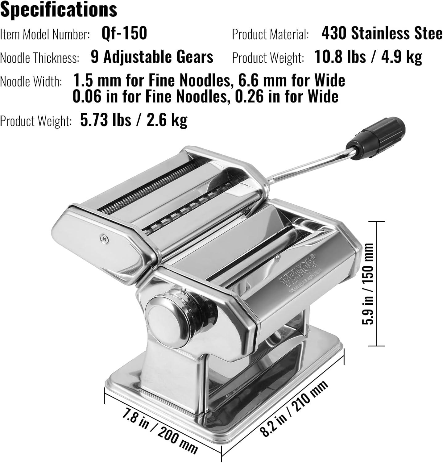 VEVOR Stainless Steel Manual Pasta Maker with Adjustable Thickness