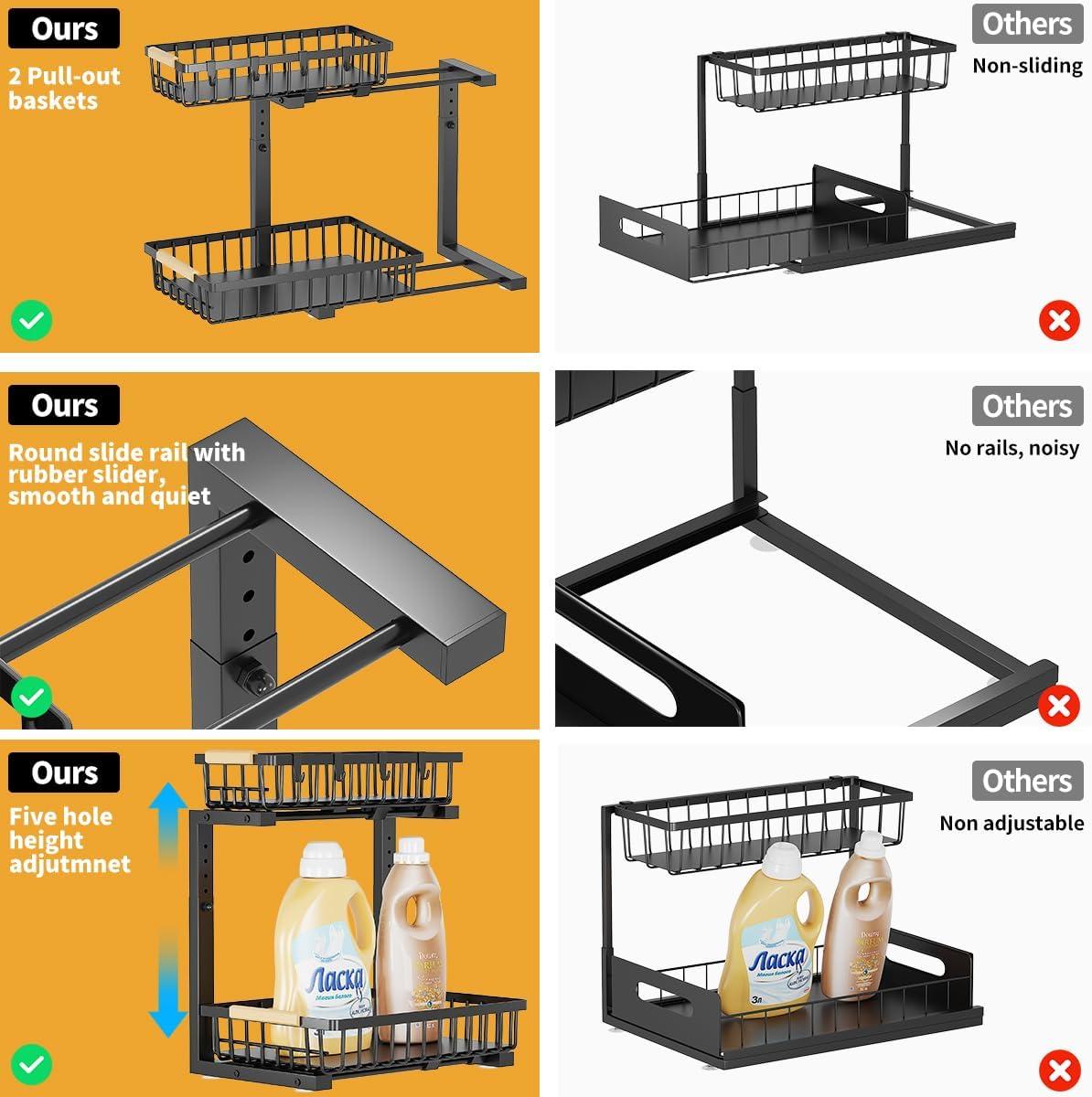 DELAMU 2 Pack Under Sink Organizers and Storage, Pull Out Trash Can Under Cabinet, 2 Tier Bin Organizer with Hooks and Haning Cups, Multi-Purpose Sliding Under Cabinet Organizer