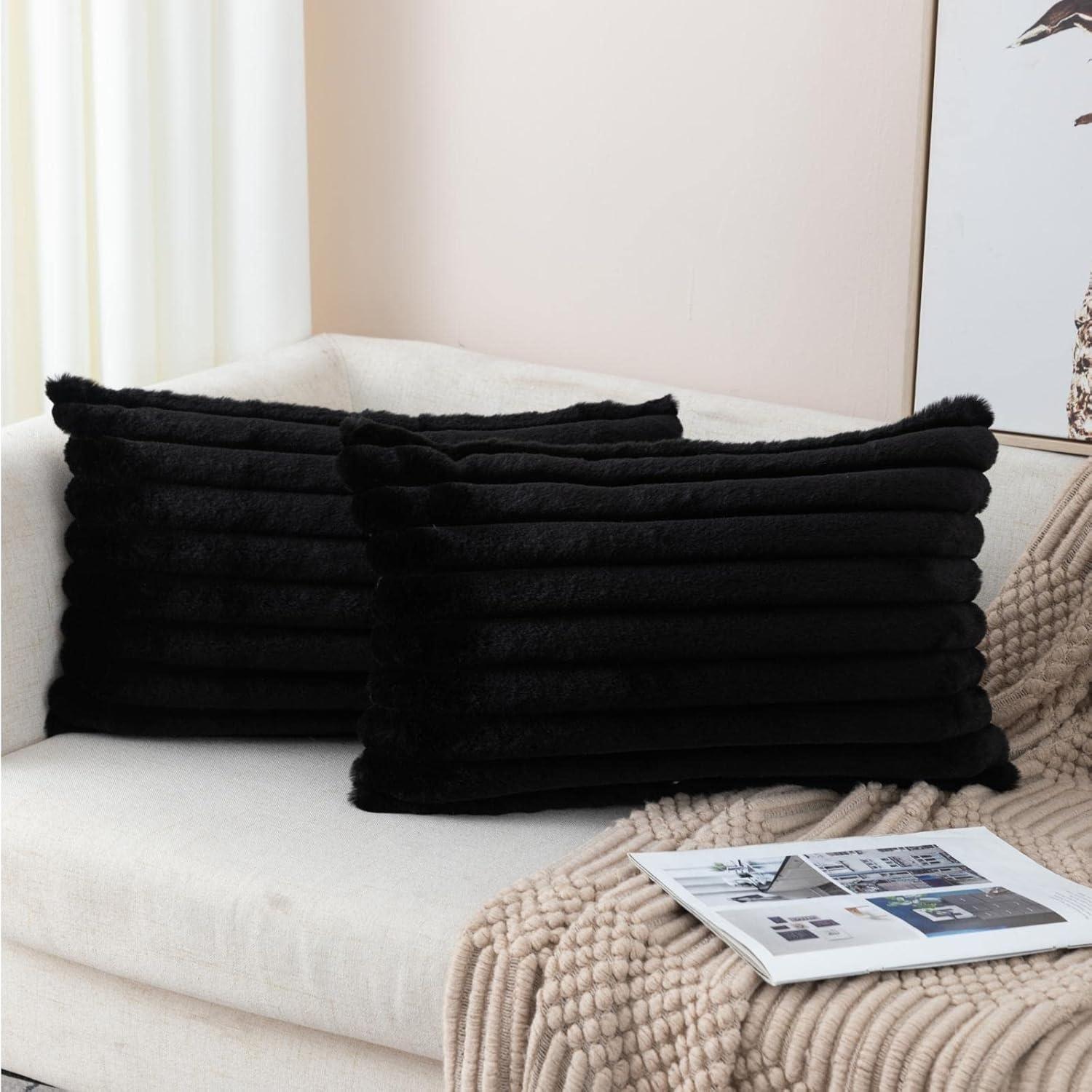 ZLINA Set of 2 Black Faux Fur Decorative Throw Pillow Covers Fluffy Striped Pillowcase Cushion Covers 12 x 20 Inch Decor Sofa Couch Bedroom