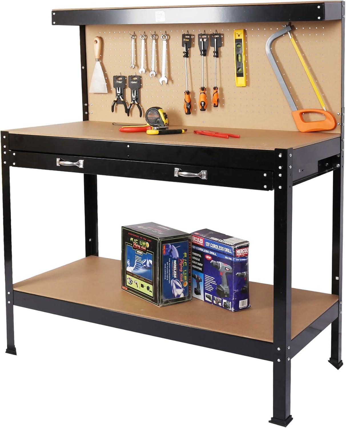 Wood Work Bench with Drawers, Garage Workbench with Peg Board and Storage Shelf, Multipurpose Work Table Tool Organizer for Shop, Hold up to 300 lbs, 48" L x 24" W x 63" H