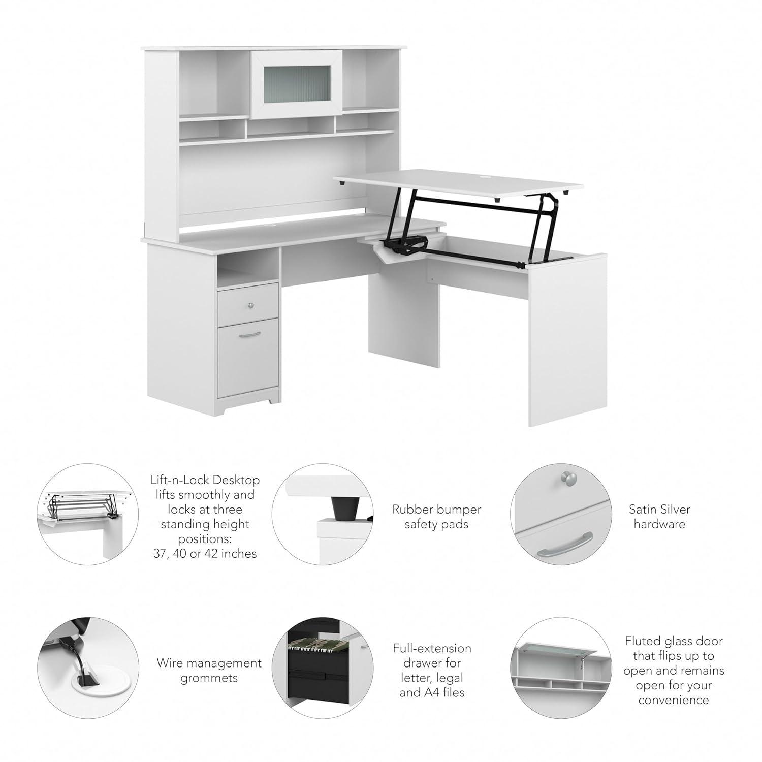 Cabot 60W Sit to Stand L Desk with Hutch in White - Engineered Wood