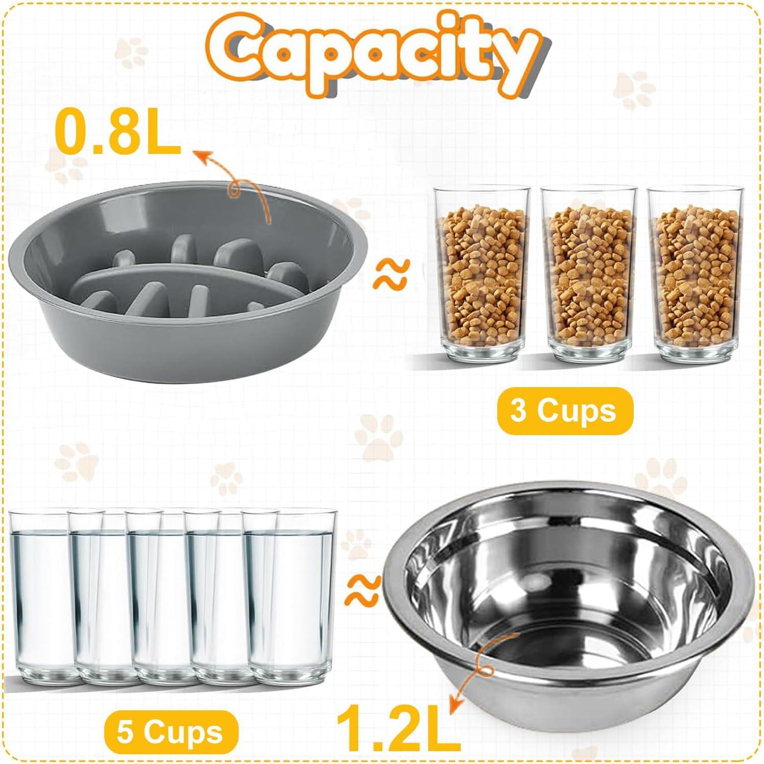 ZALALOVA Elevated Dog Bowls Stand with 2 Stainless Steel Dishes 1 Slow Feeder Dog Bowl, Raised Dog Bowl Adjusts to 5 Heights (3.15",8.9'',10",11.2'',12.4") for Medium and Large Dogs(Gray)
