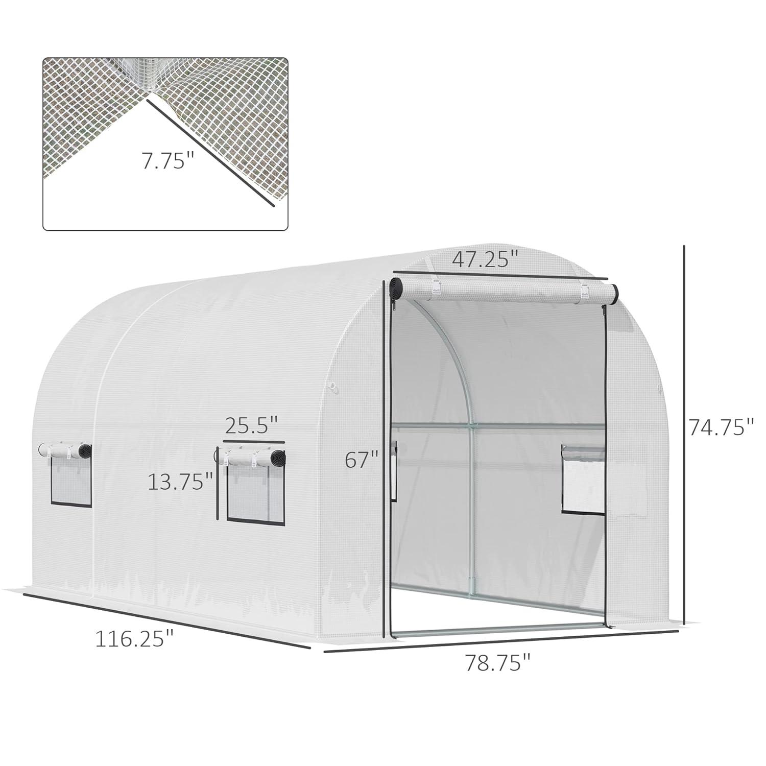 Outsunny 9.6' x 6.5' x 6.2' Walk-In PE Greenhouse with 2 Roll-up Zipper Doors & 6 Roll-up Windows for Plants, White