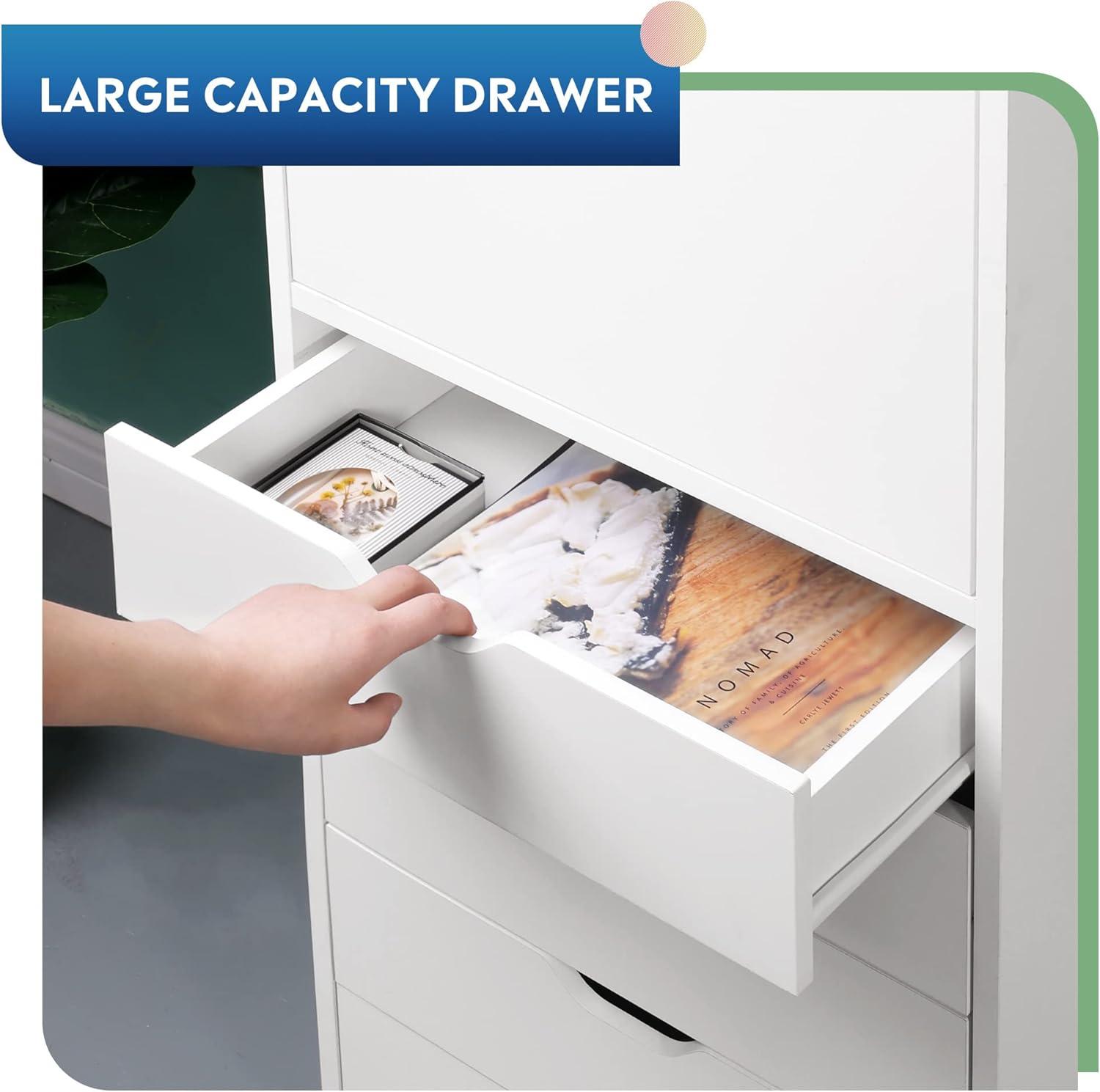 DEVAISE 5-Drawer Wood Dresser with Top Cabinet Storage, Mobile Chest of Drawers, Wide Storage Space for Home Office, White