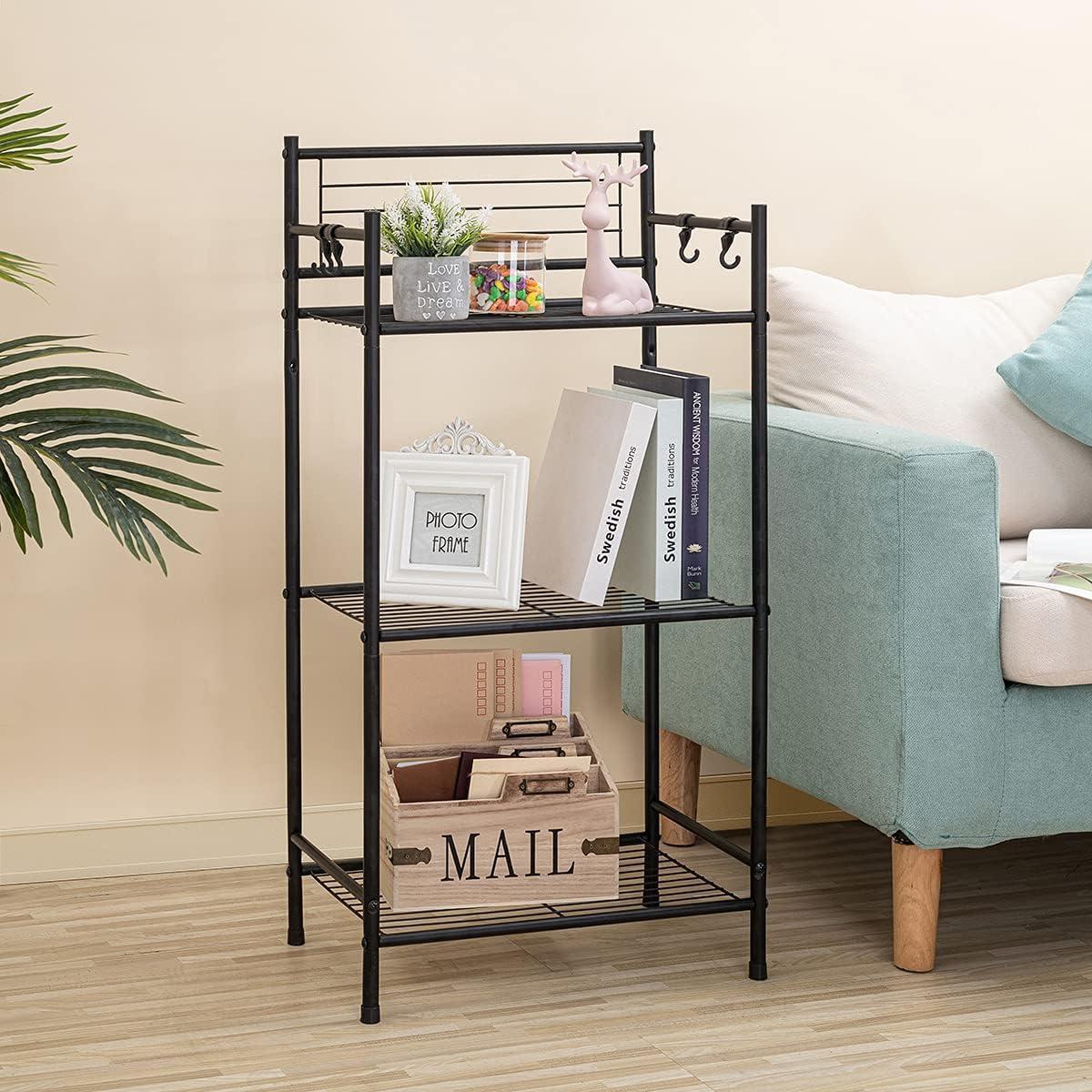 Black 3-Tier Metal Wire Shelving Unit with Hooks