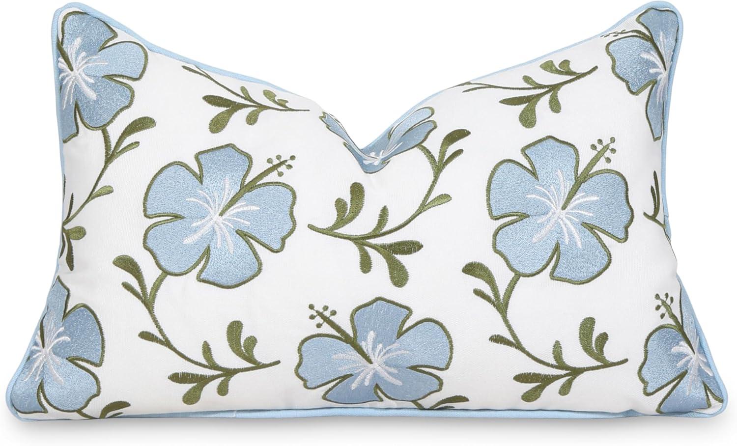 Hofdeco Premium Coastal Patio Indoor Outdoor Lumbar Pillow Cover Only, 12"x20" Water Repellent for Backyard, Couch, Baby Blue Green Embroidered Hibiscus Floral with Piping