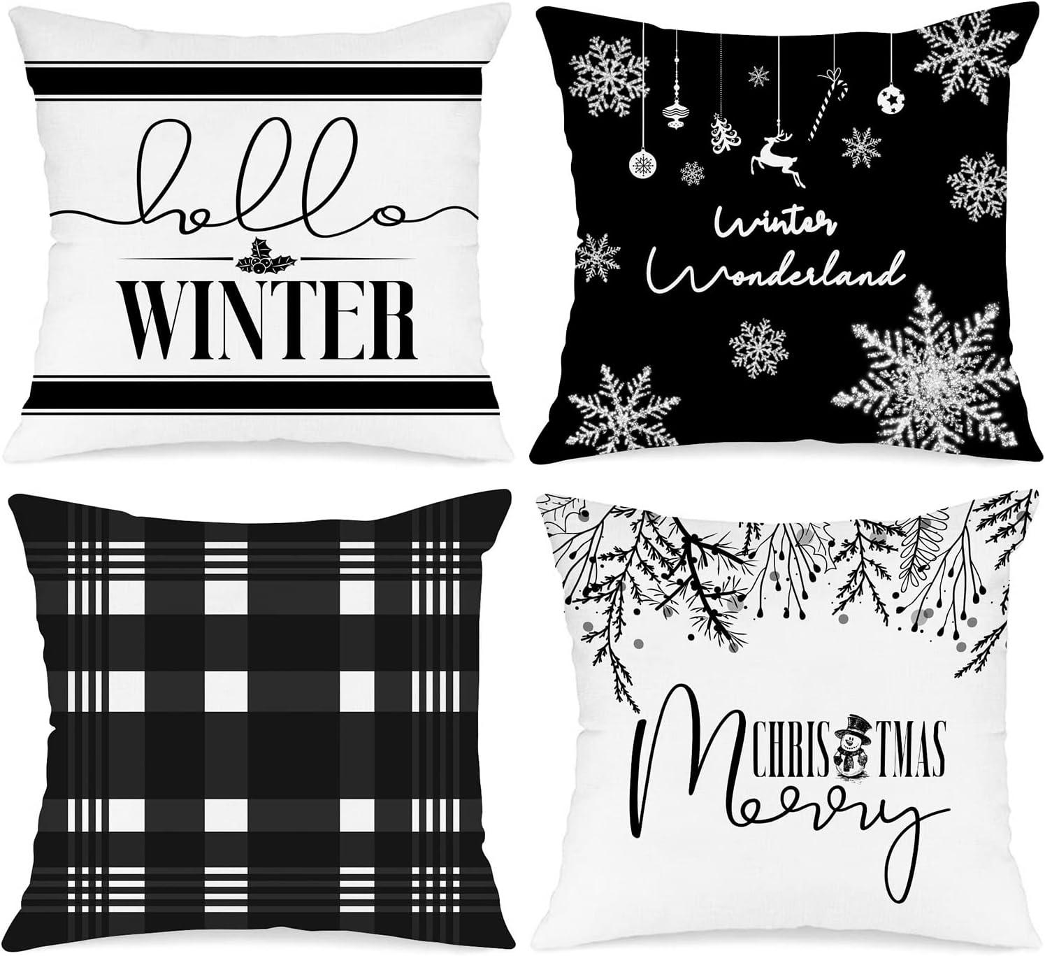 Lanpn Hello Winter Merry Christmas Throw Pillow Covers 18x18 Set of 4, Decorative Black and White 18 inch Xmas Holiday Cushion Pillow Cases Home Outside Porch Decor Decorations