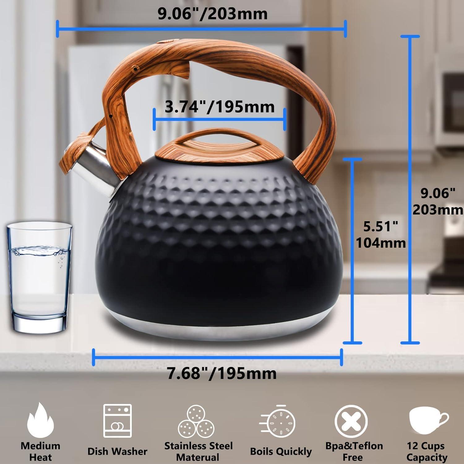 MODERN WALLS LLC Tea Kettle, 3.2 Qt Stainless Steel Whistling Kettle For Stove Top, Food Grade Teapot With Wood Pattern Handle For Coffee, Milk Etc, Gas Electric Applicable