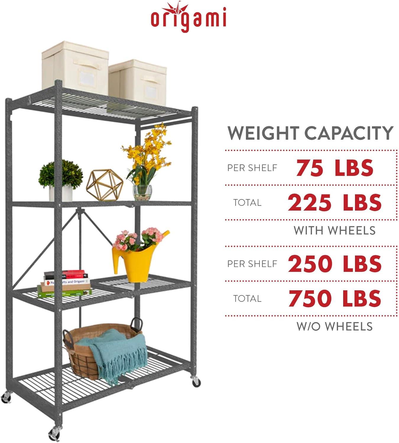 Origami General Purpose Foldable Shelf Storage Rack with Wheels for Home, Garage, or Office, Pewter