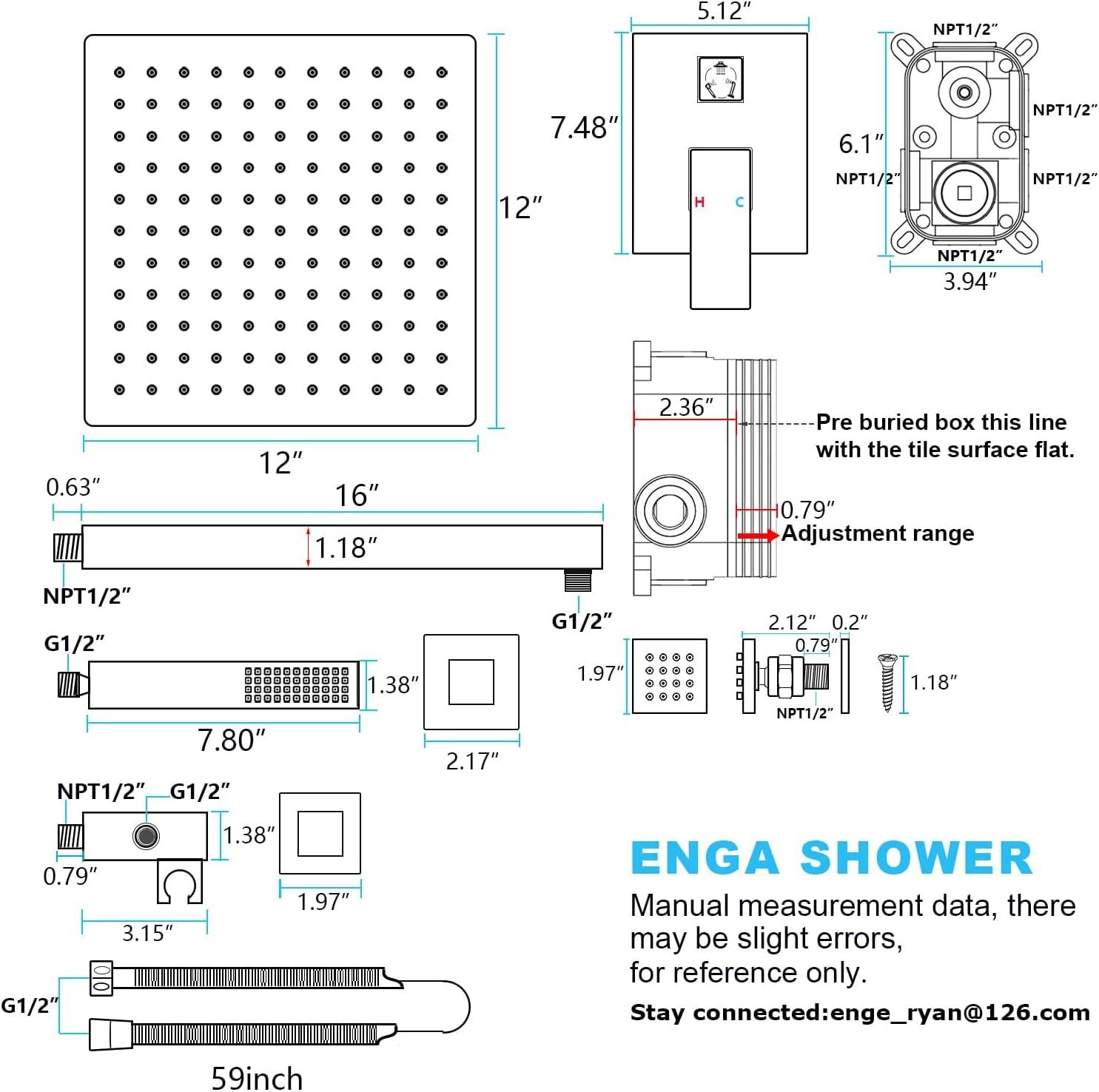 3-Function Ceiling Mounted Thermostatic Rainfall Shower System with 6 Body Jets and Rough-in Valve