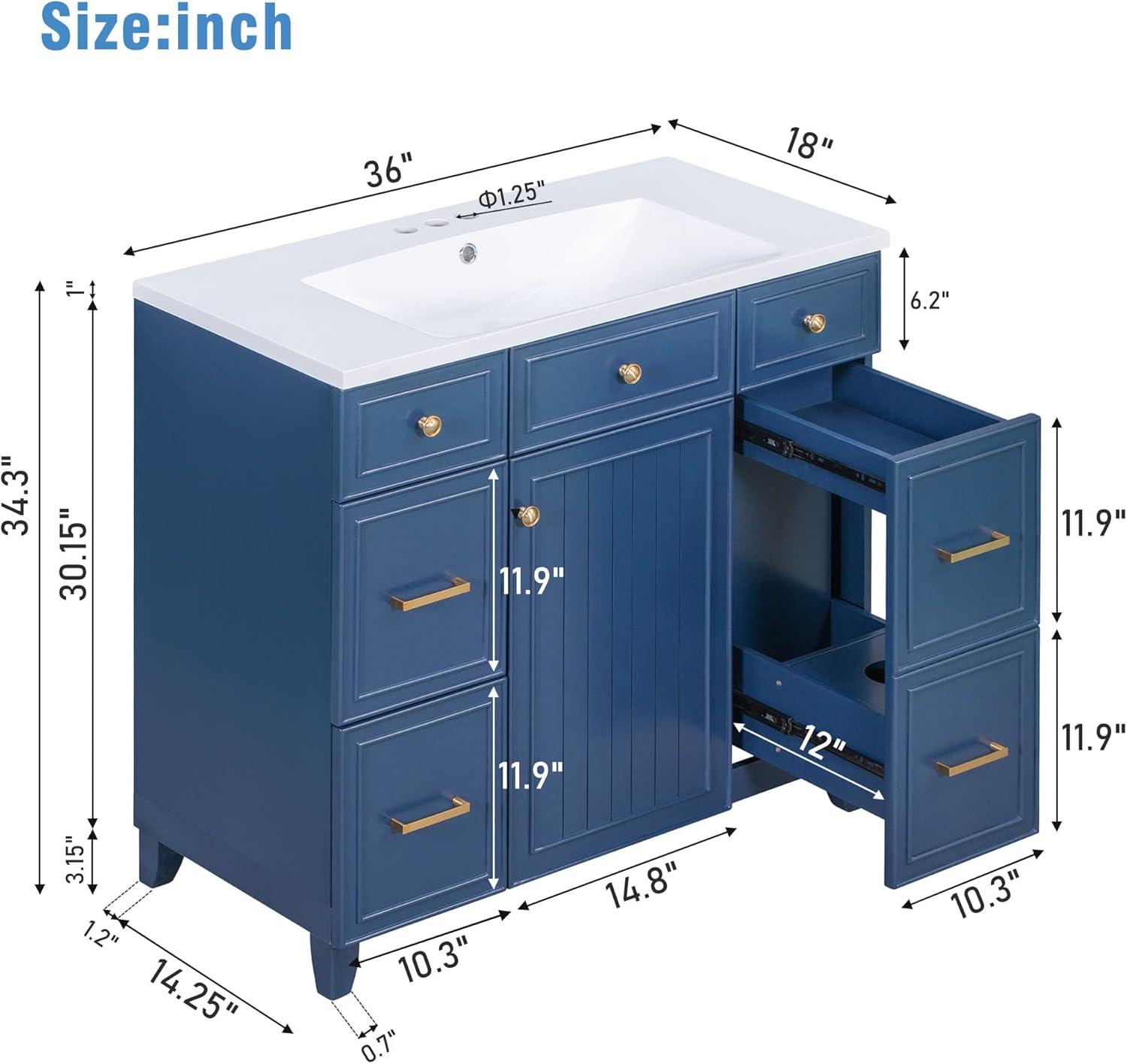 Miekor Furniture 36" Bathroom Vanity Cabinet with Sink Top Combo Set, Navy Blue, Single Sink, Shaker Cabinet with Soft Closing Door and Drawer W5UE-1