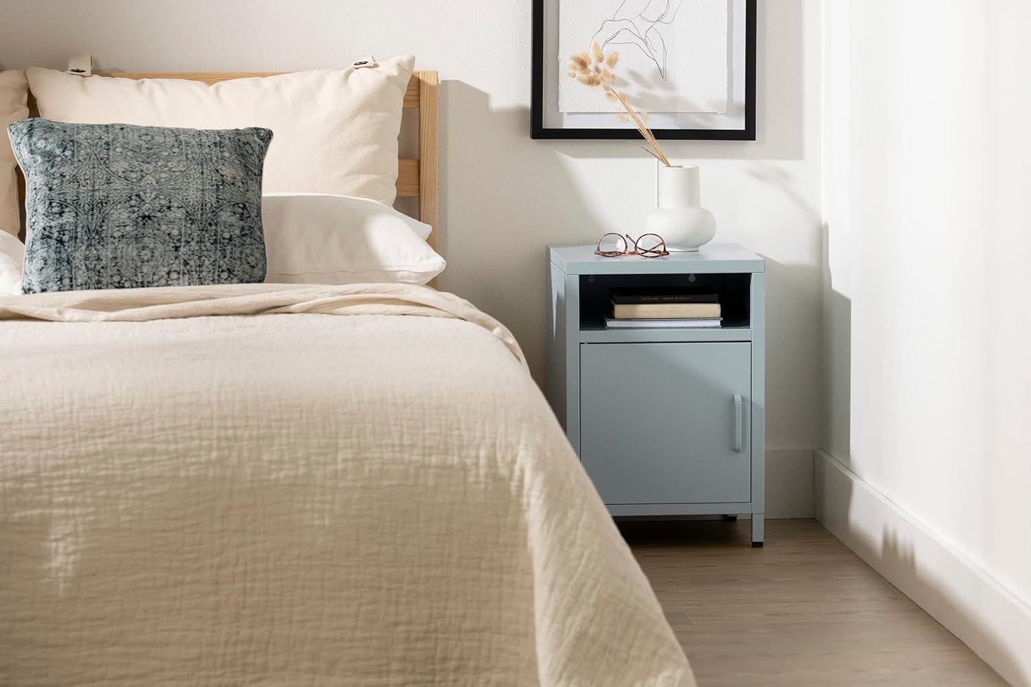 Light Blue Metal 1-Door Nightstand with Open Shelf