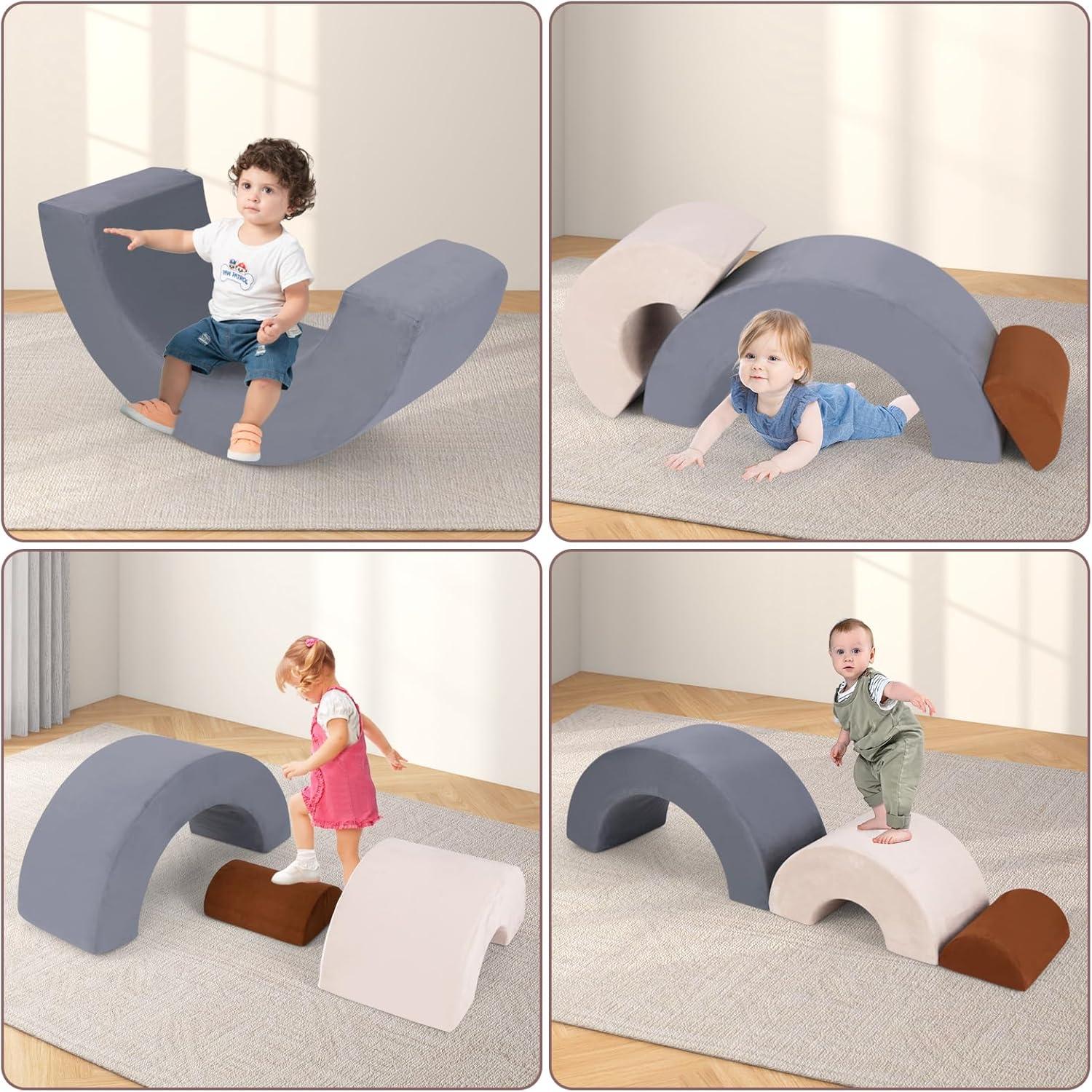 OLAKIDS Climbing Toys for Toddlers, 3pc Foam Climbing Blocks Rainbow Shaped Indoor Play Set, Soft Equipment Modulars Rainbow Crawling Tunnel Playroom Couch for Children Playroom Baby