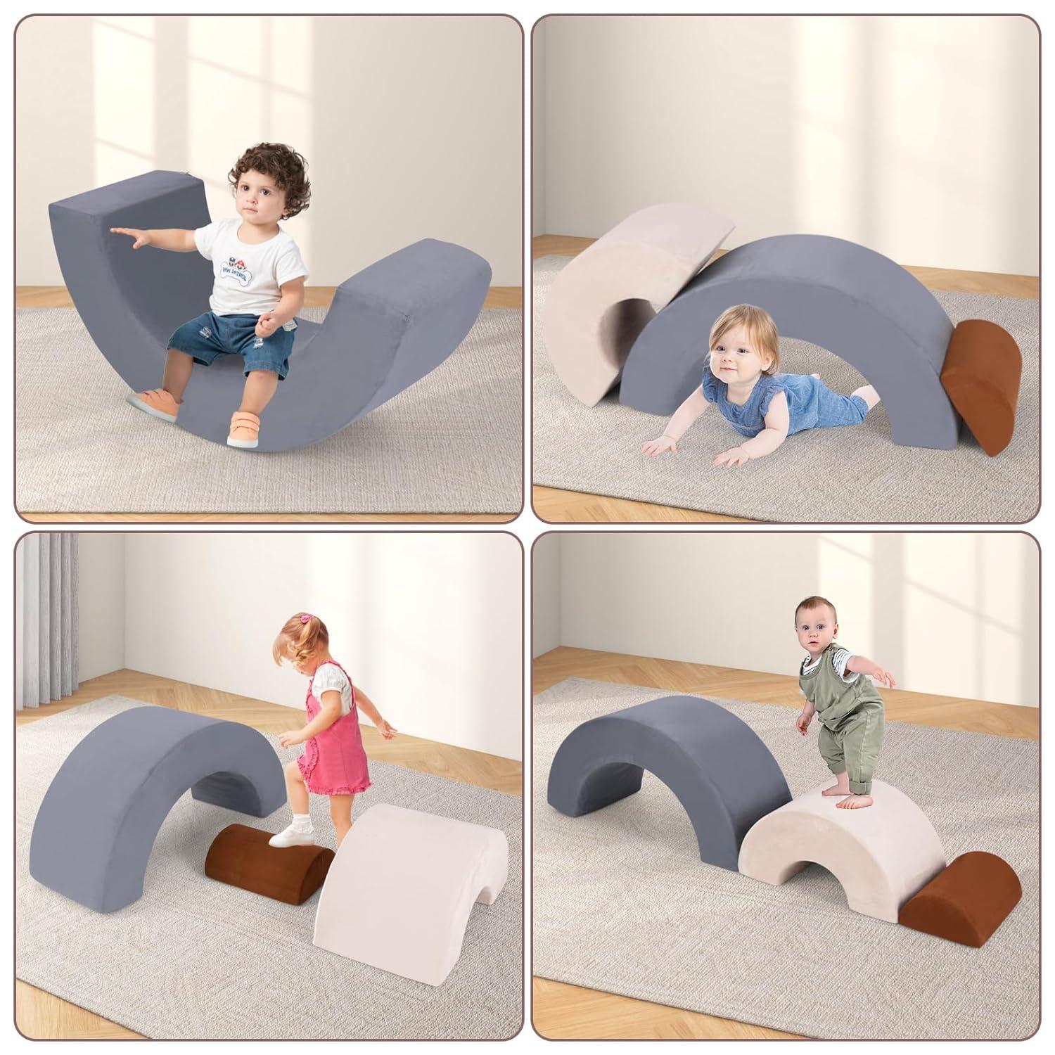 OLAKIDS Climbing Toys for Toddlers, 3pc Foam Climbing Blocks Rainbow Shaped Indoor Play Set, Soft Equipment Modulars Rainbow Crawling Tunnel Playroom Couch for Children Playroom Baby