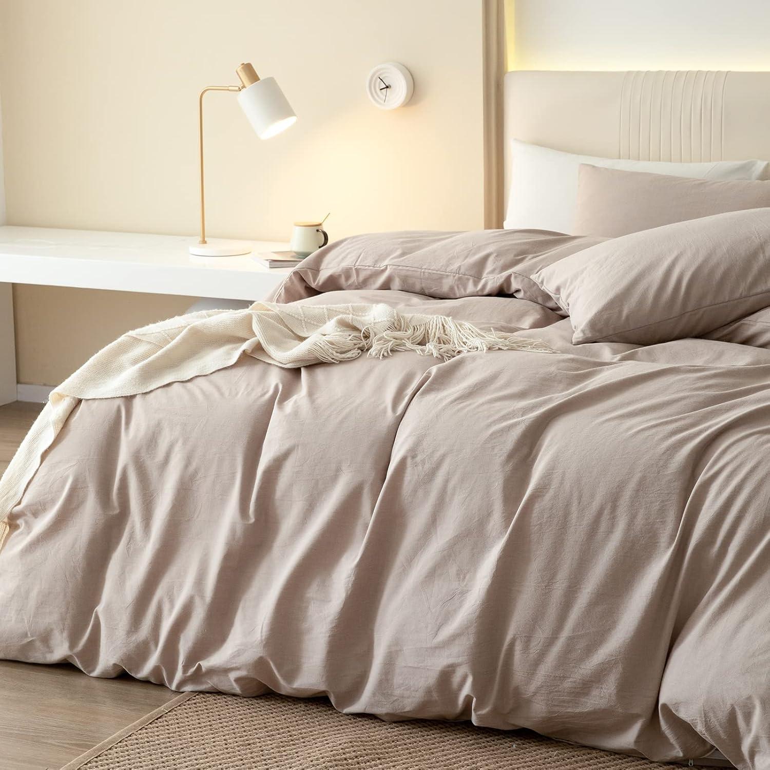 Washed Cotton Duvet Cover Set Comfy Simple Style Soft Breathable Textured Durable Linen Feel Bedding For All Season