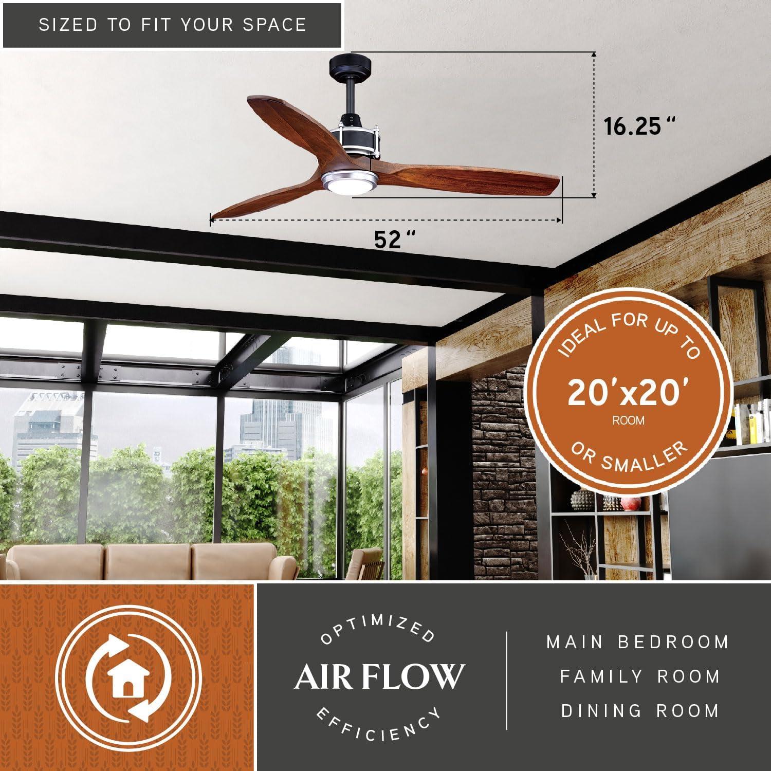 VAXCEL Curtiss 52-in. Contemporary Indoor Outdoor Propeller Ceiling Fan with Wood Blades, LED Light Kit and Remote, Matte Black and Brushed Silver