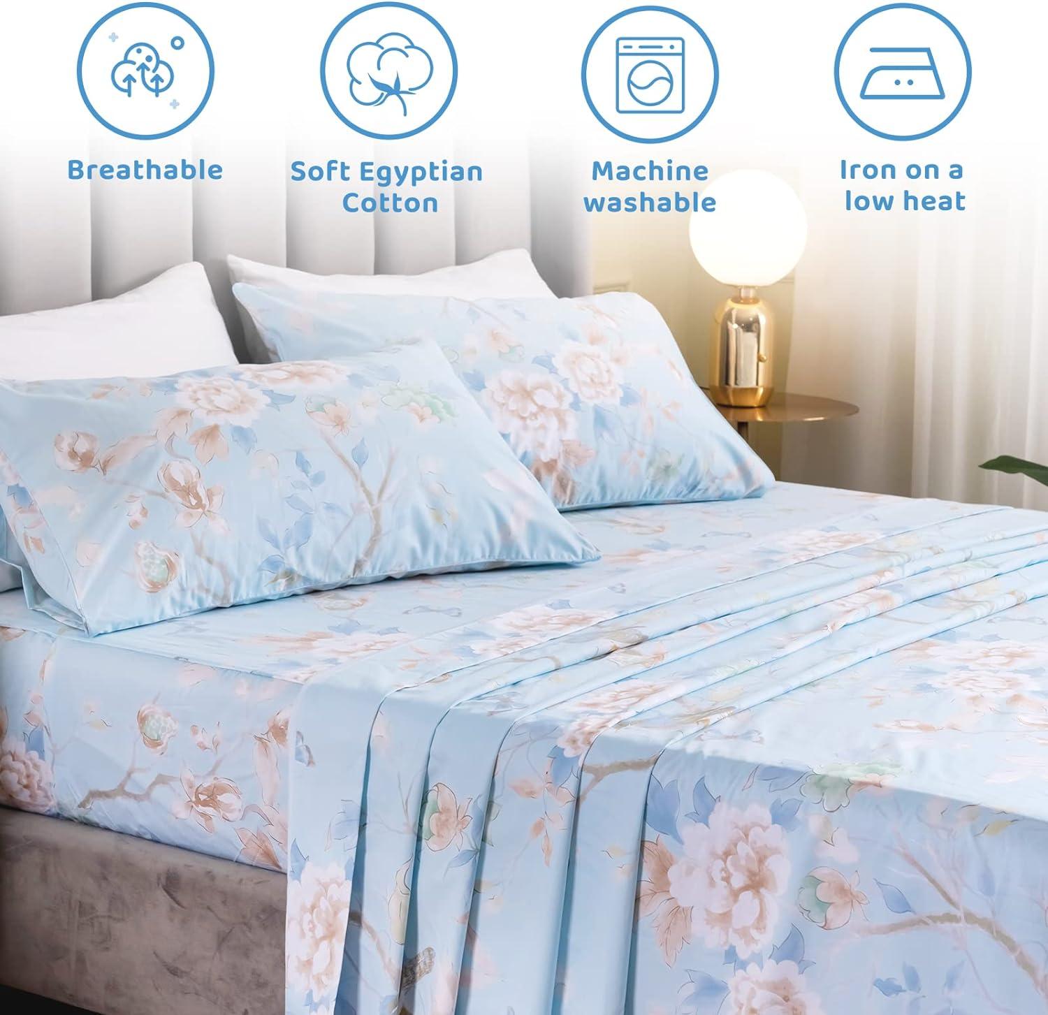 QSH Floral Queen Size Sheet Sets - Yellow Wild Flower Botanical Pattern Egyptian Cotton Printed Bedding Sheets Set Queen Size Bed Extra Breathable 4pcs Queen Sheet Set Deep Pocket 17.5"