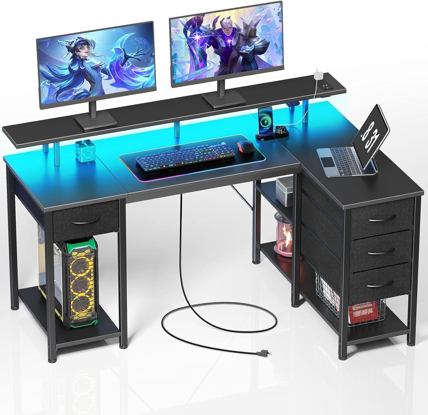 Black L-Shaped Gaming Desk with Drawers and LED Lights