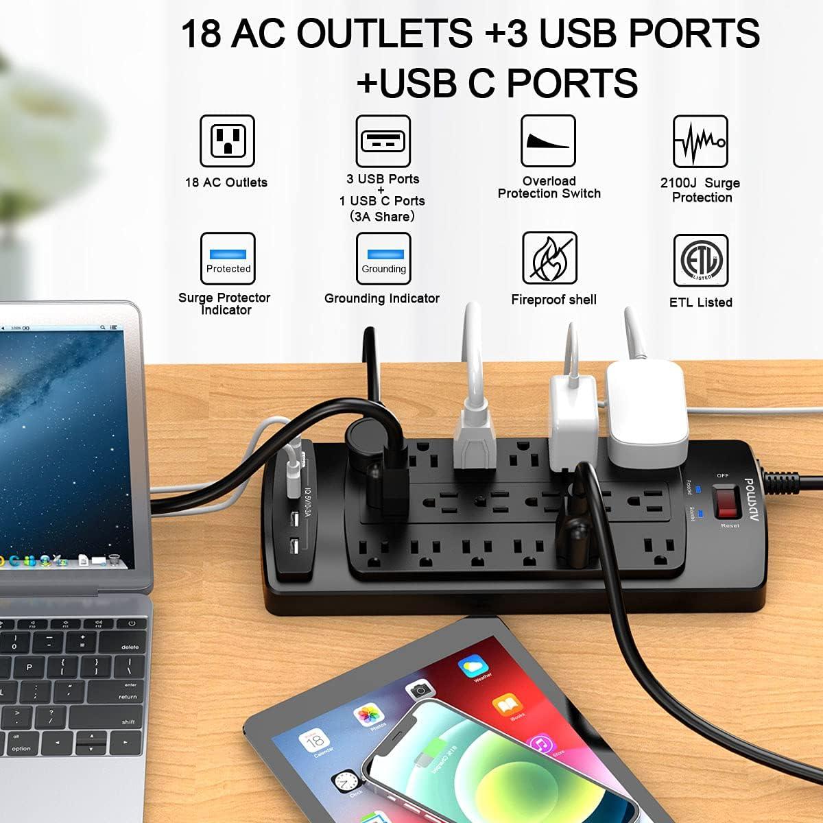 Heavy Duty Black 18-Outlet Surge Protector Power Strip with USB Ports