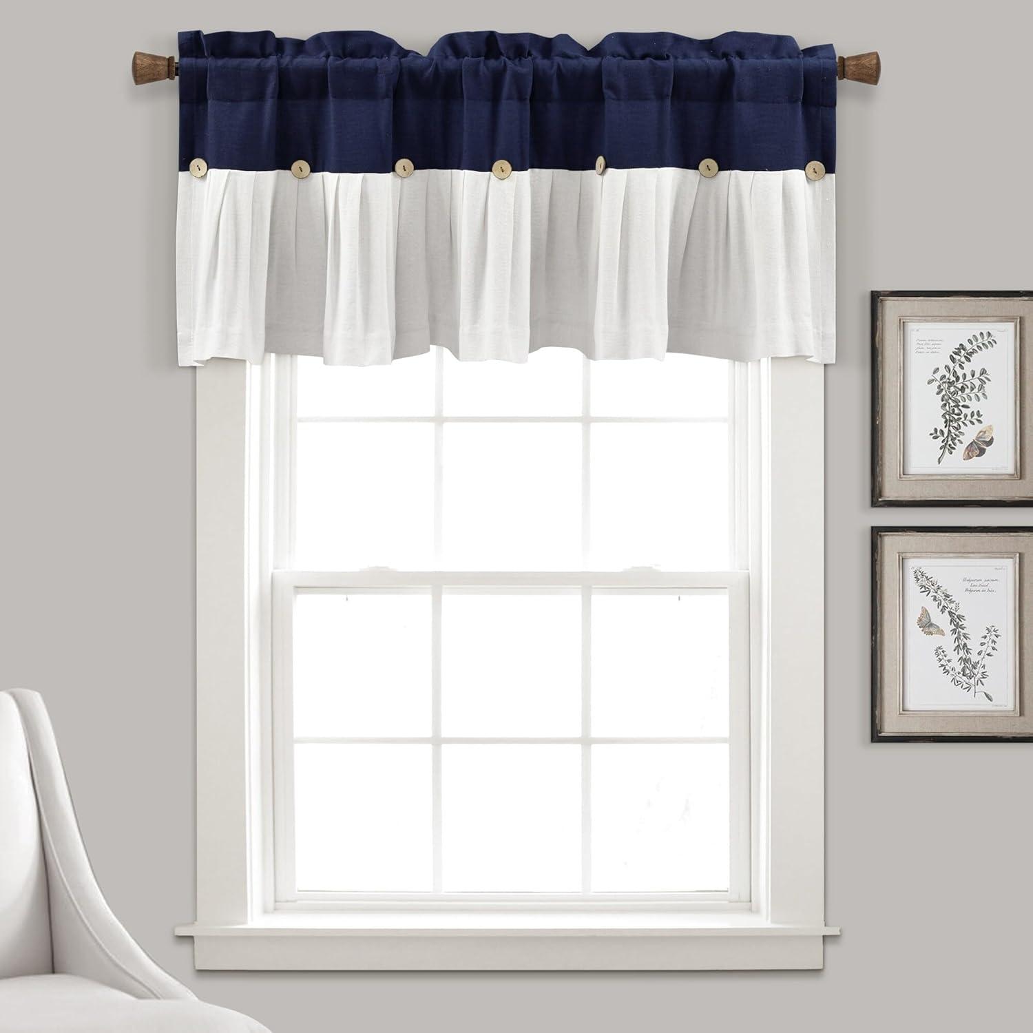18"x52" Farmhouse Linen Button Window Valance Navy/White - Lush Décor: Classic Cotton & Linen Rod Pocket